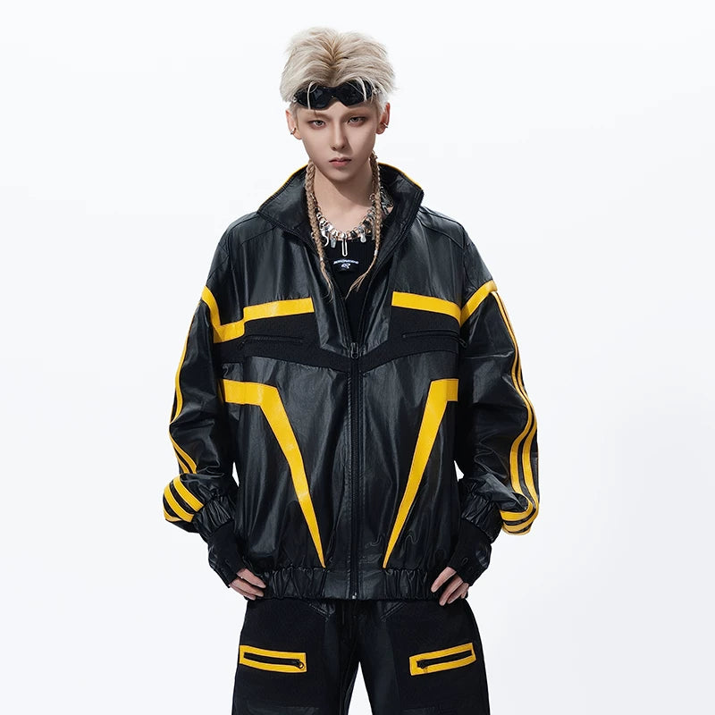 Sanhoostudio Colorblock PU Leather Biker Jacket