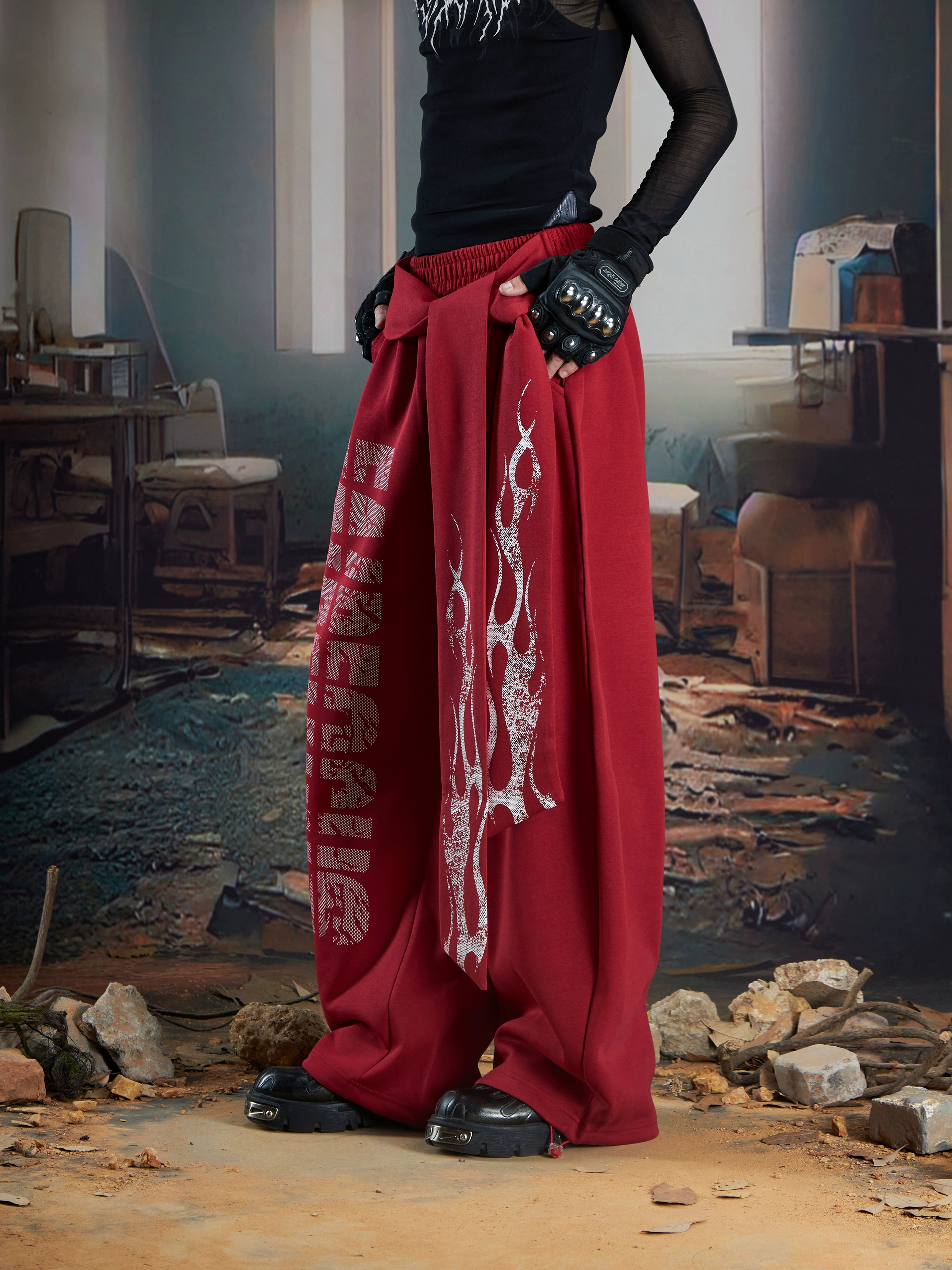 Y2K Totem Graphic Tie-Strap Blade Cut Sweatpants