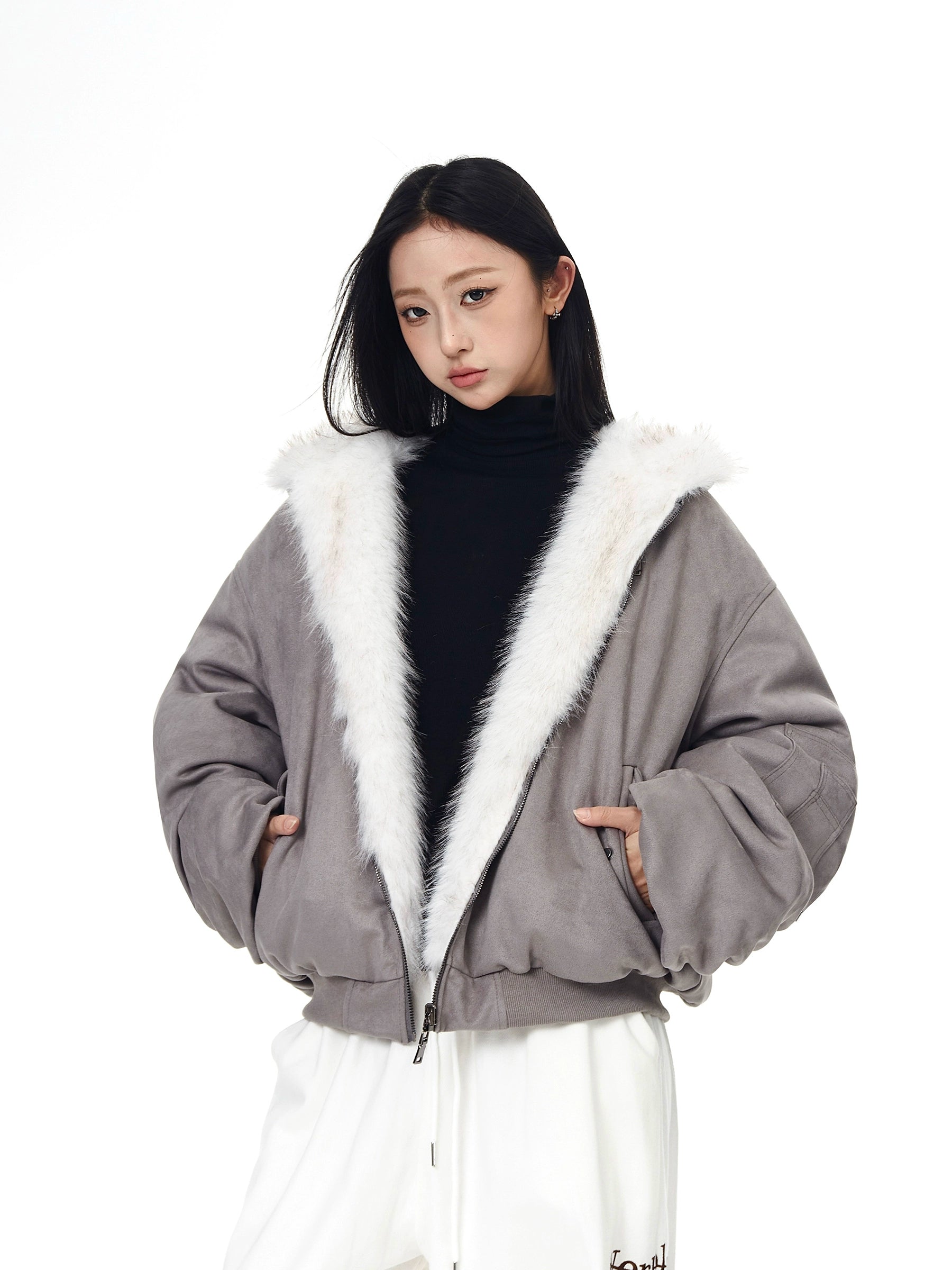 Reversible Suede-Fleece Hawk Fur Hooded Jacket