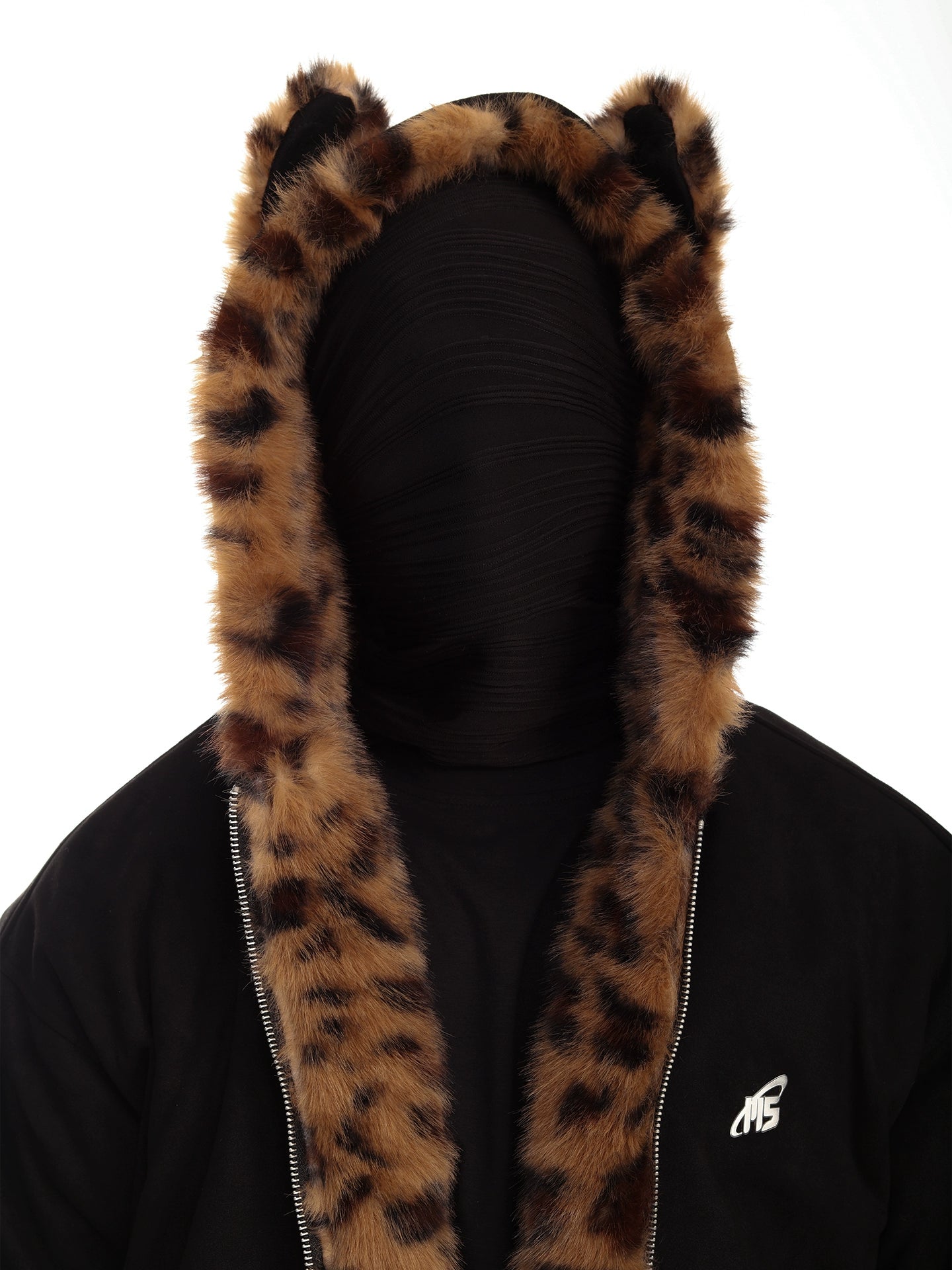 Vintage Black Suede Patchwork Leopard Fur Hooded Jacket