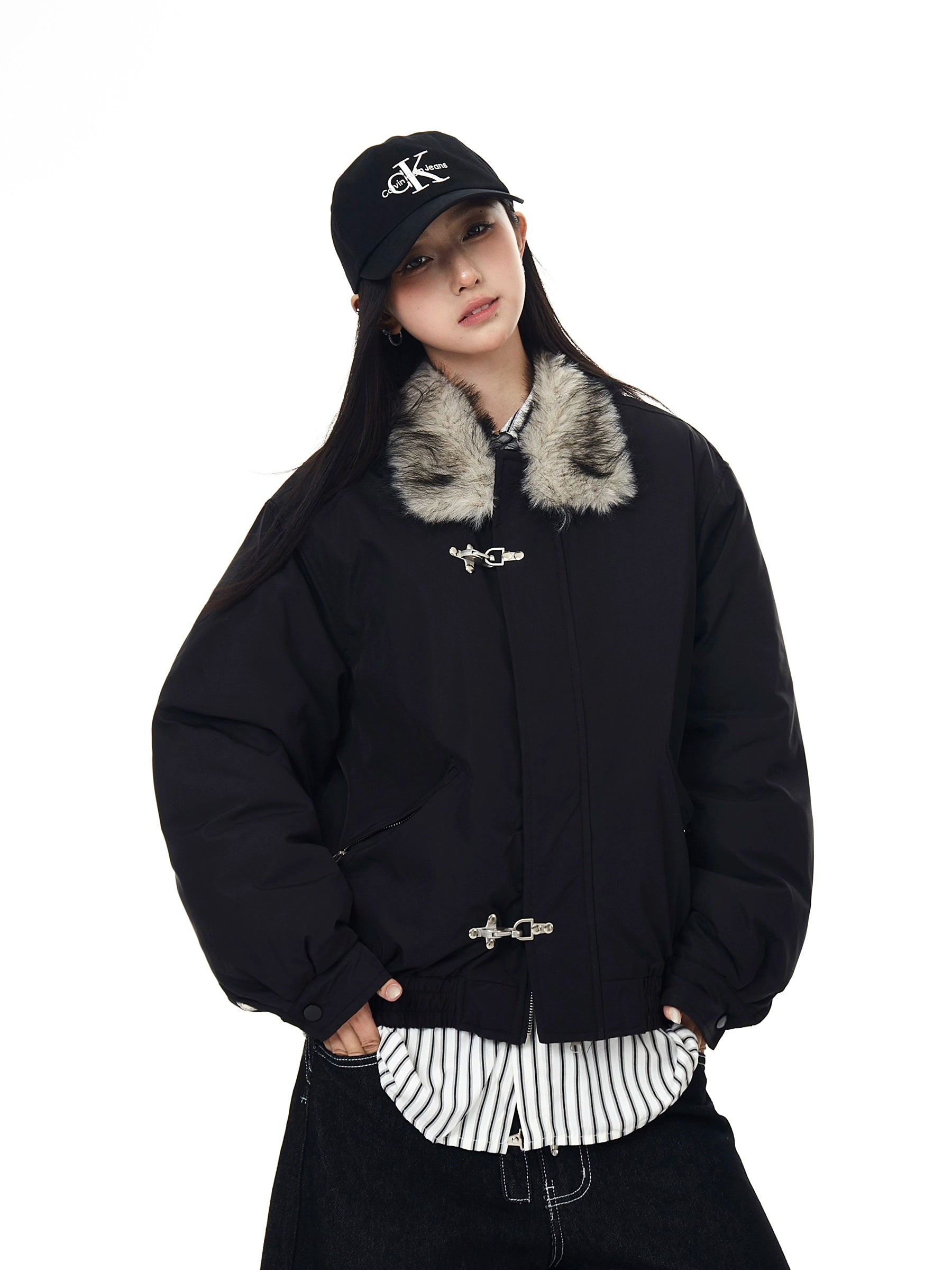 High-Street Bomber Jacket with Fur Collar