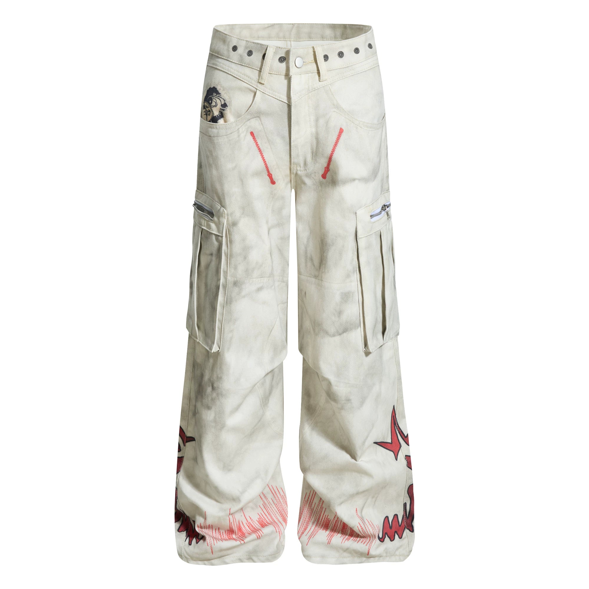 Sanhoostudio wide leg denim pants featuring distressed wash, graffiti details, and multi-pocket workwear design. Built with pleated structure for bold streetwear styling.