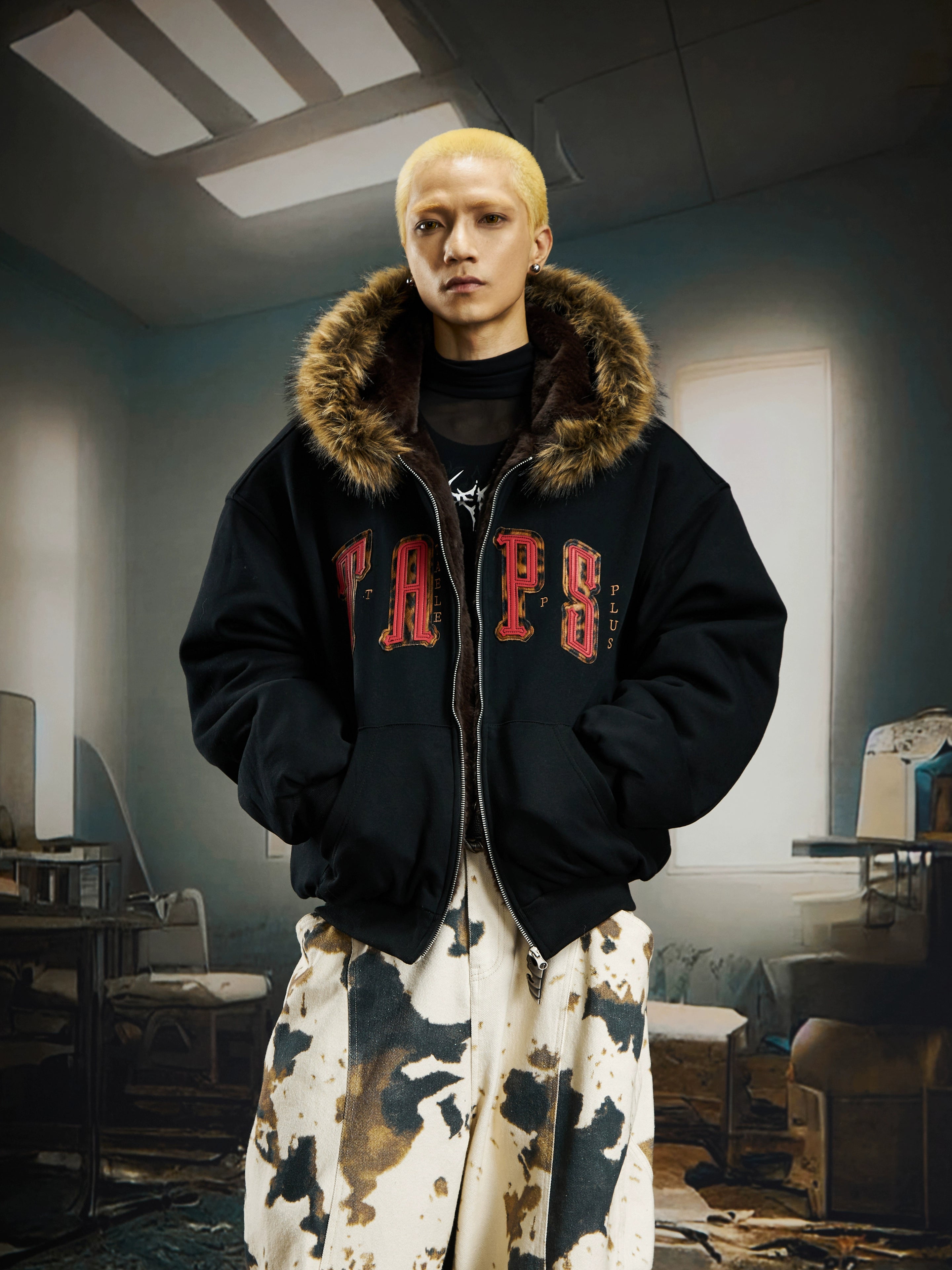 Leopard Patchwork Faux-Fur Colorblock Hooded Puffer Jacket