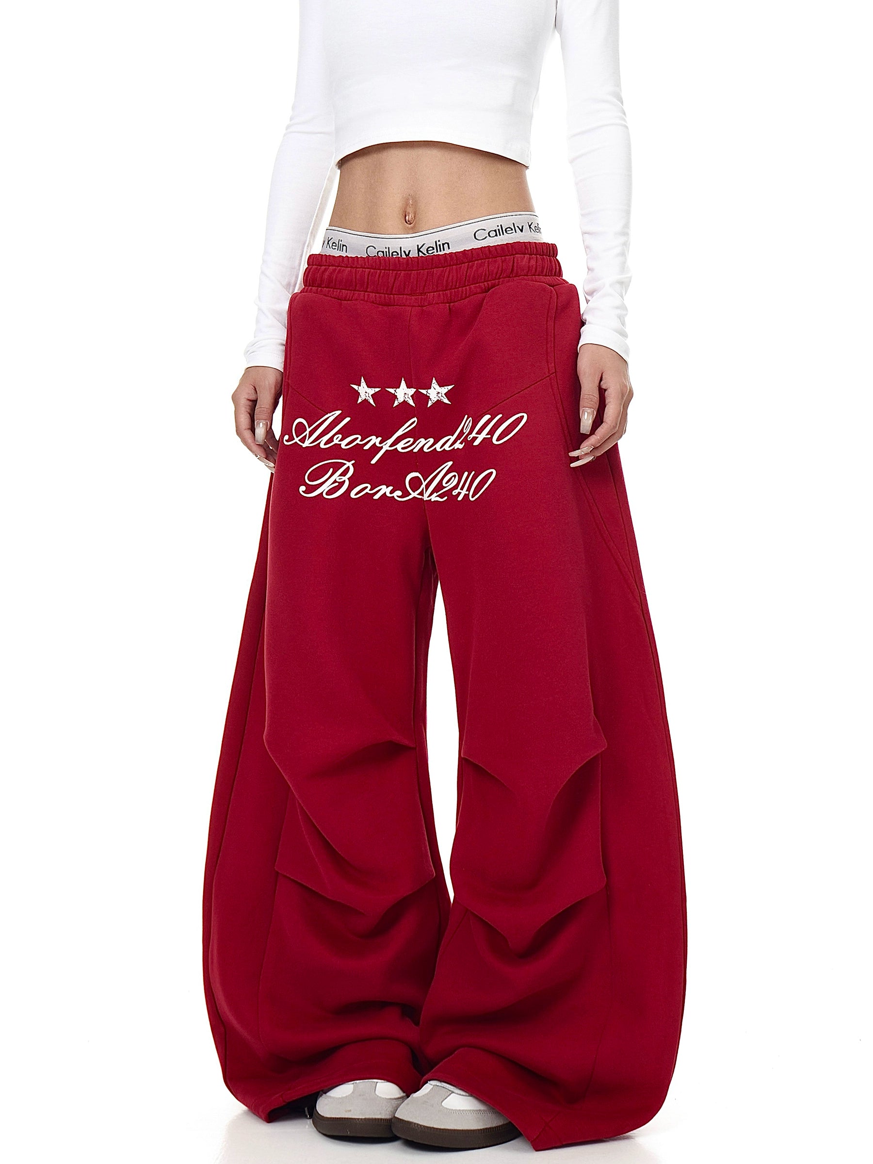 Star Letter Print Ruched Wide-Leg Sweatpants