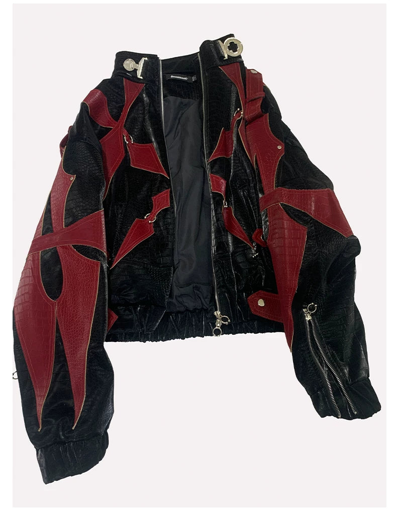 Sanhoostudio Crocodile Embossed Colorblock PU Leather Jacket