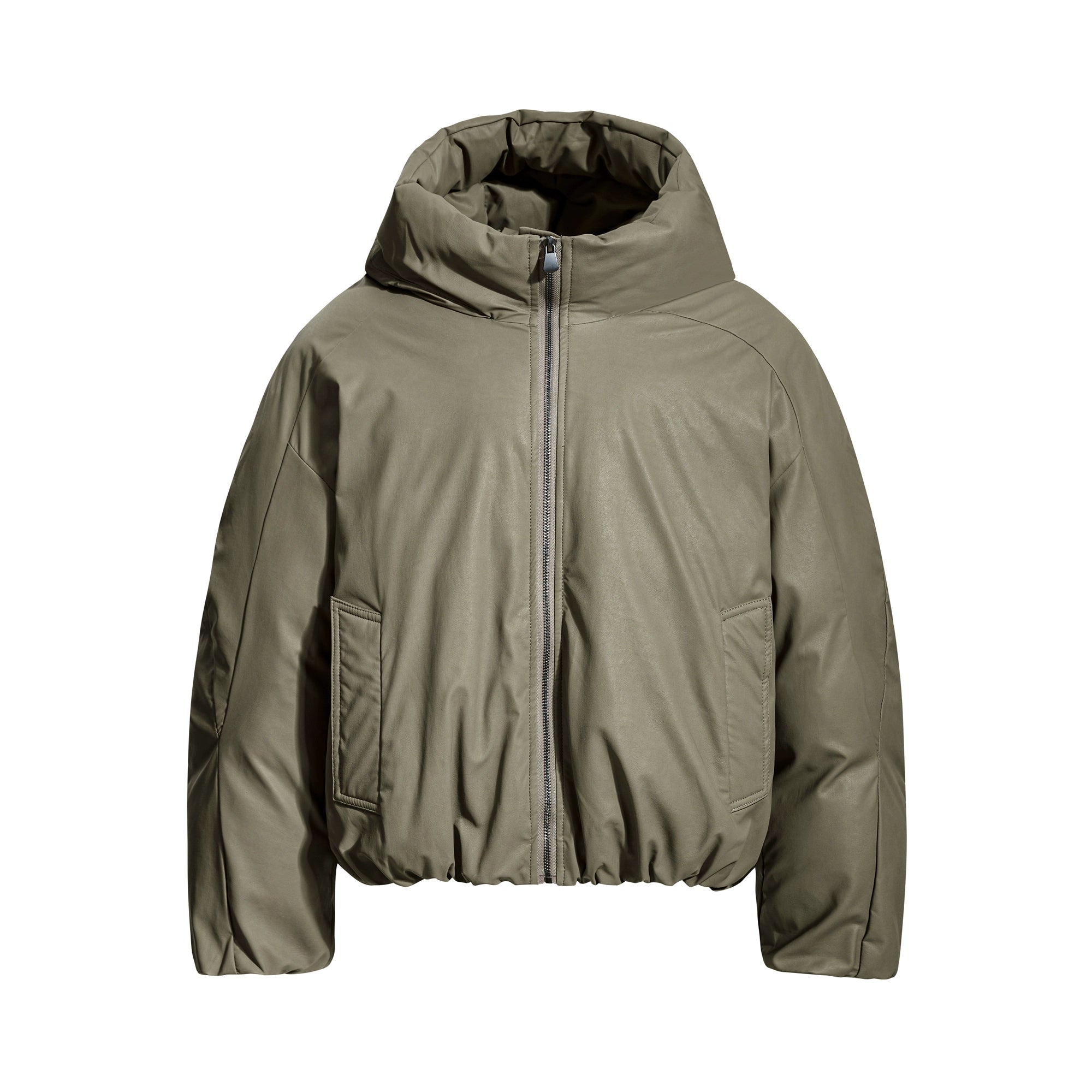 Vintage Bomber Faux-Leather Hooded Puffer Jacket