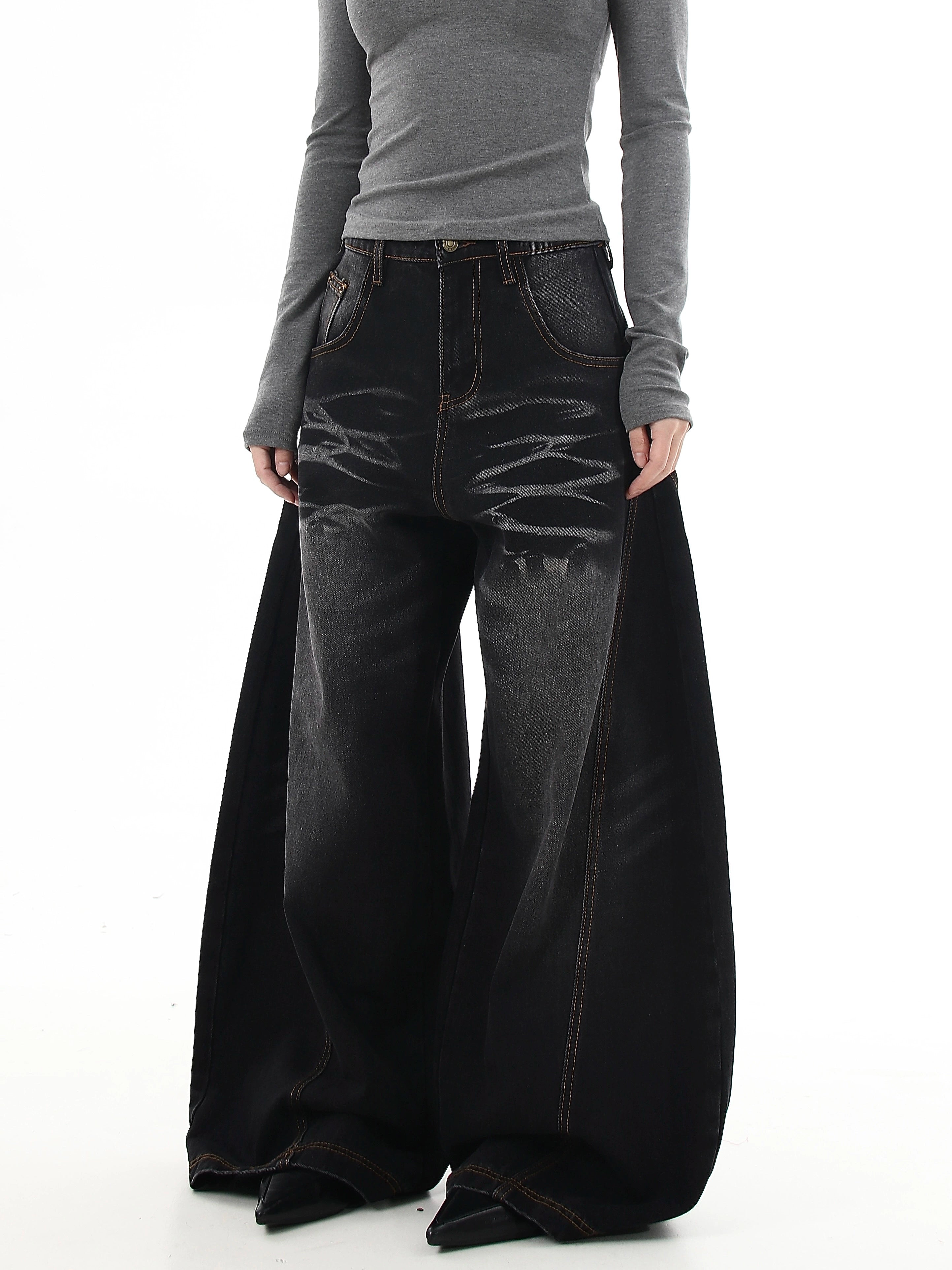 Whiskered Washed Vintage Wide-Leg Denim Pants