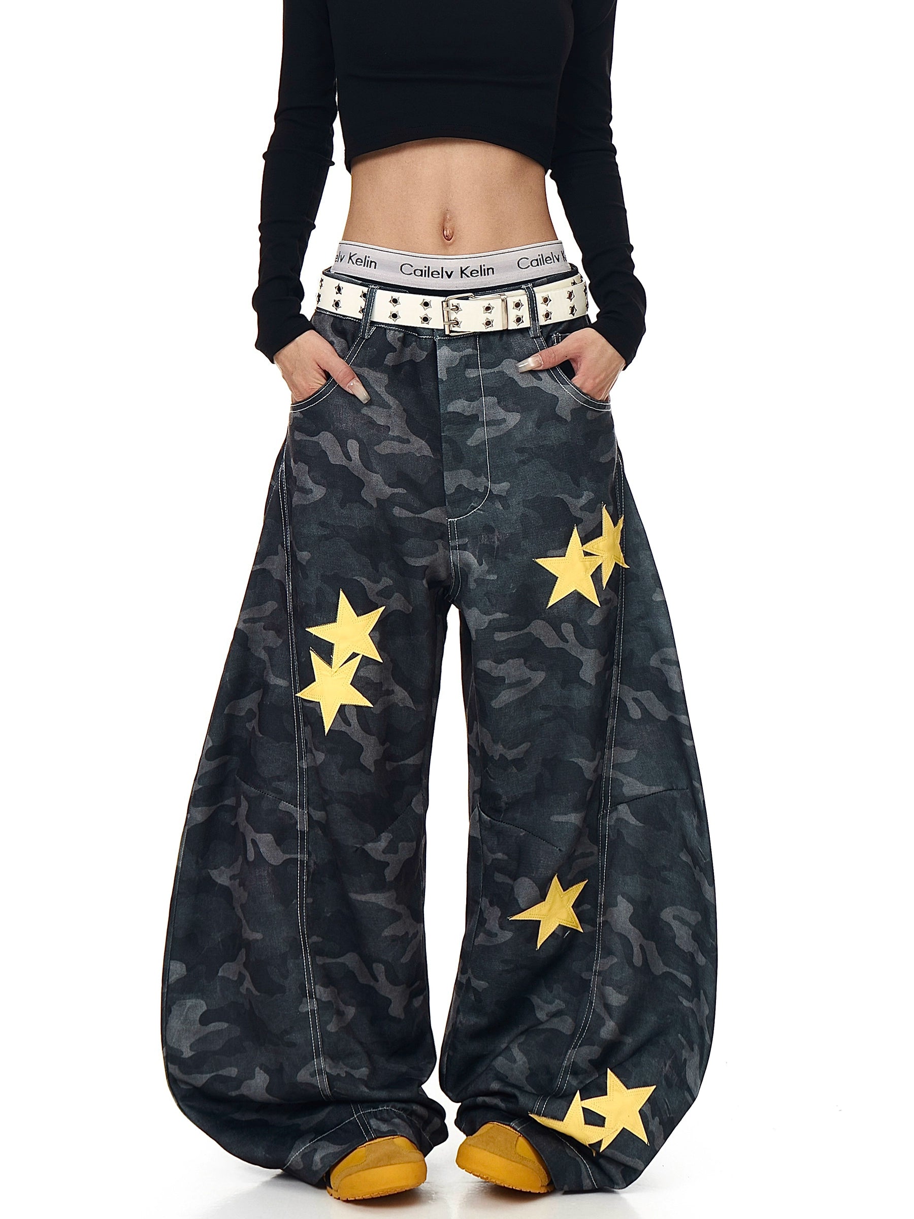 Star Appliqué Embroidered Camo Wide-Leg Pants