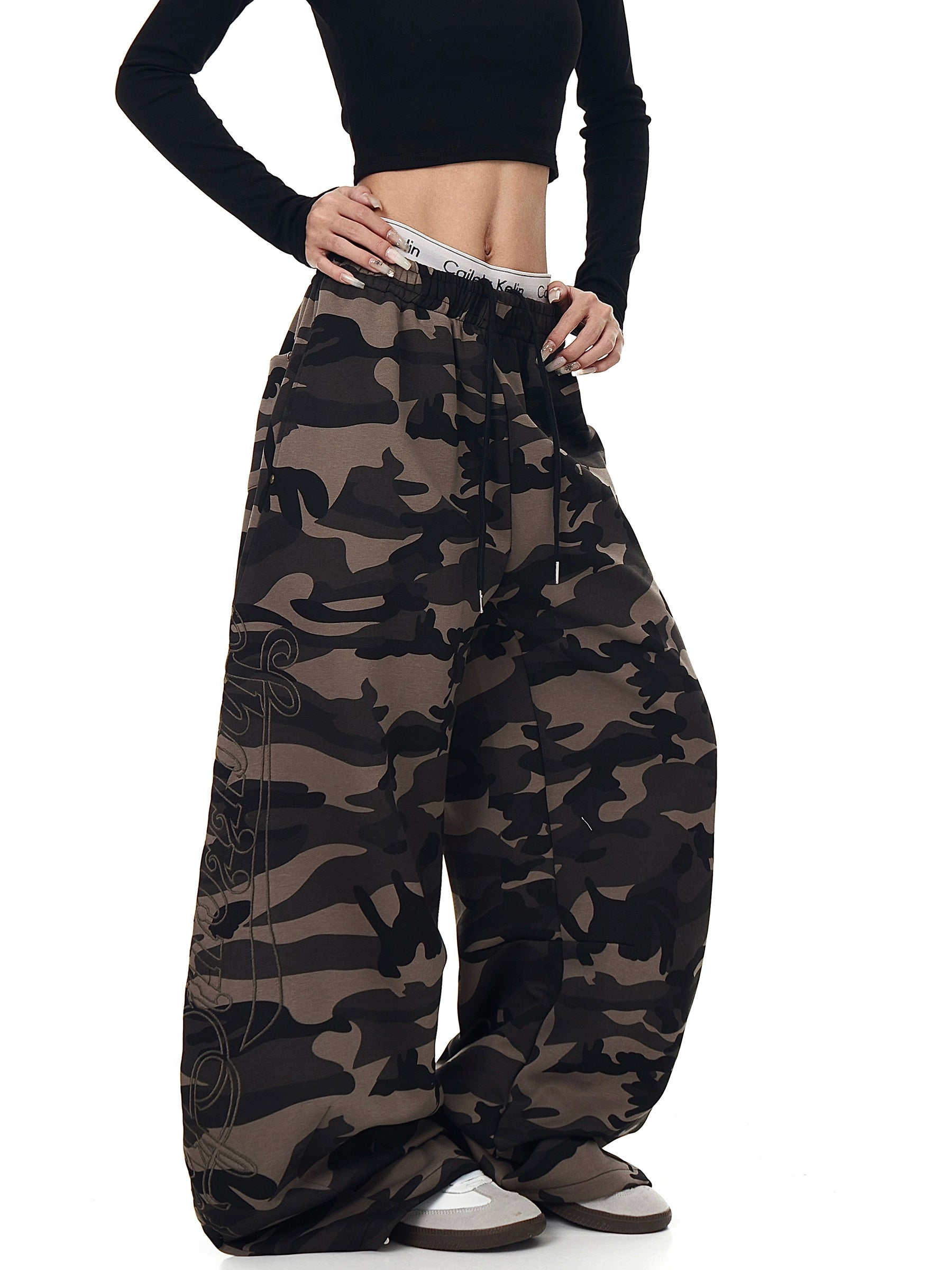 Letter Embroidered Camo Curved Sweatpants
