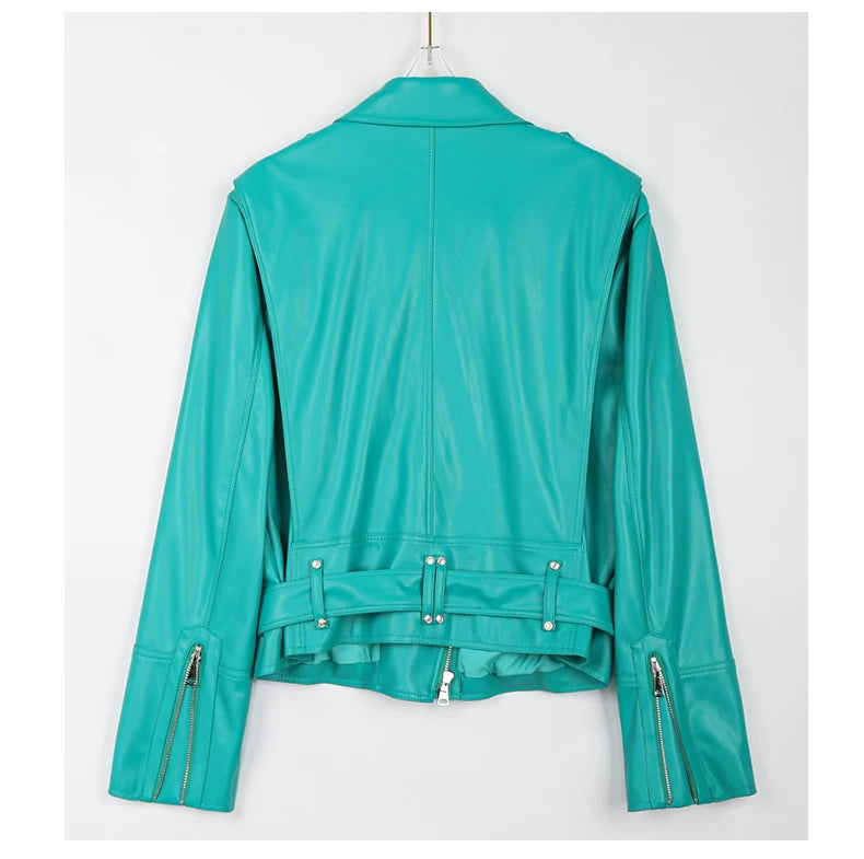 Sanhoostudio Green Cropped PU Moto Jacket
