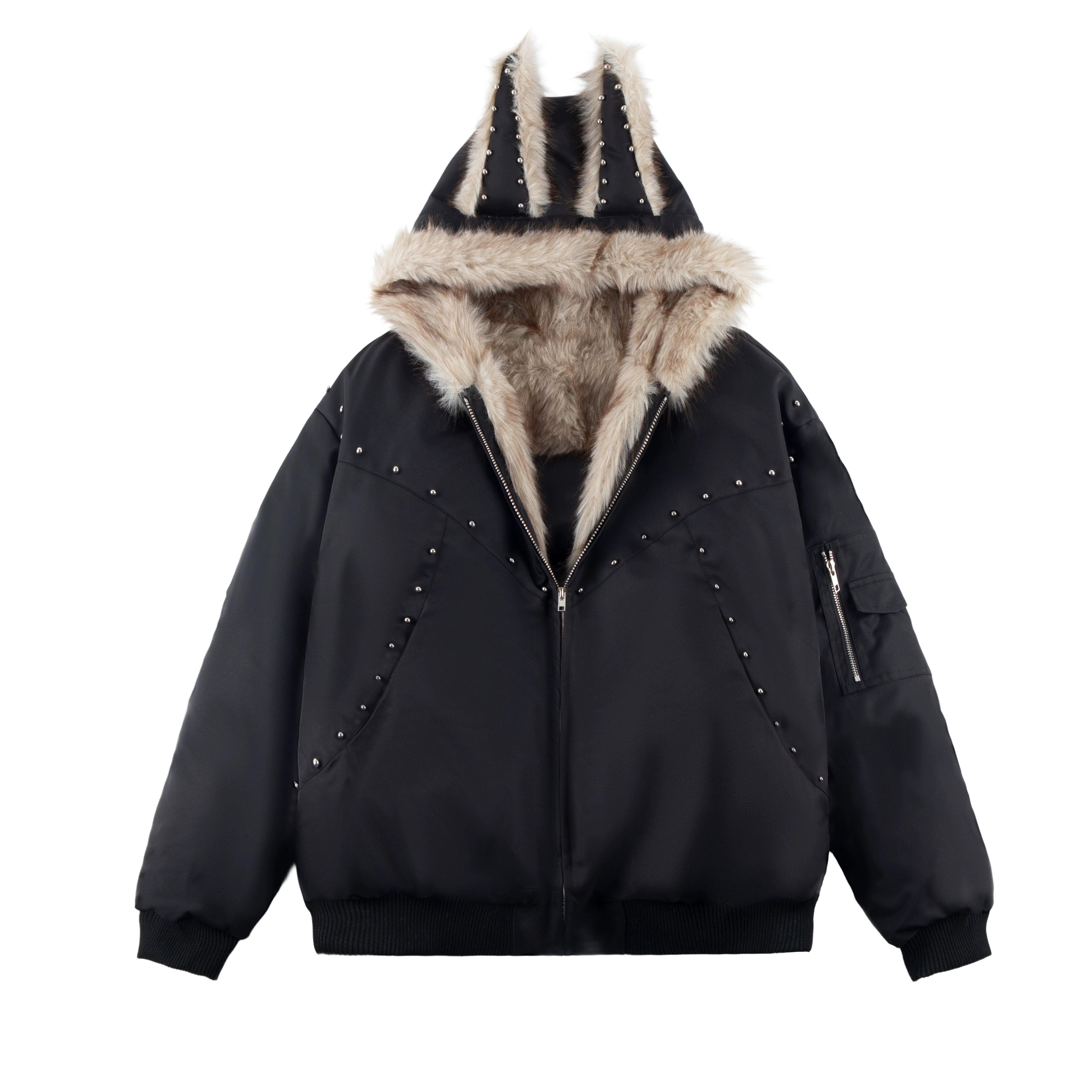 Furry Ear Hooded Studded Oversized Winter Puffer
