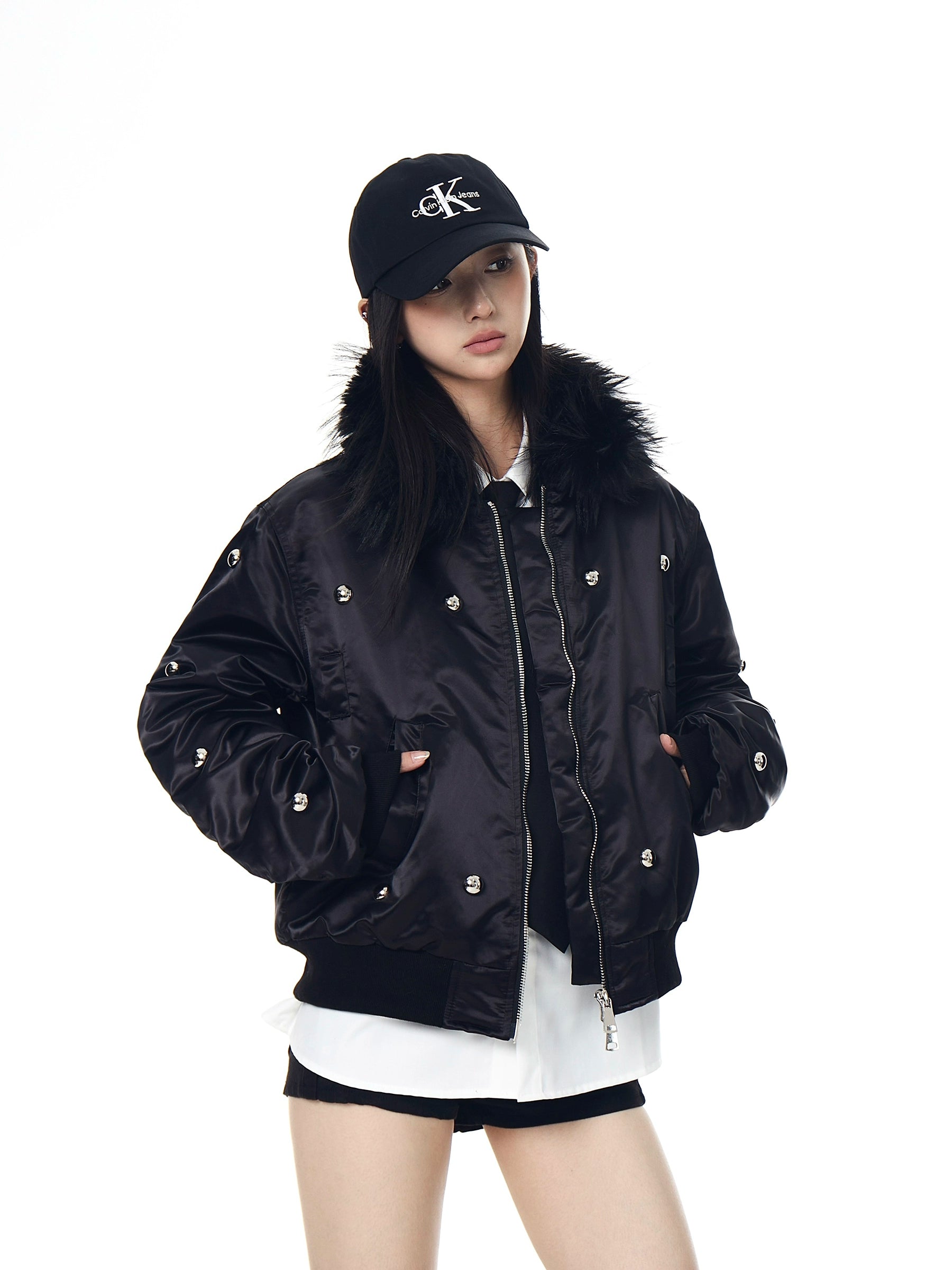 Studded Aviator Fur-Collar Heavy Puffer Jacket