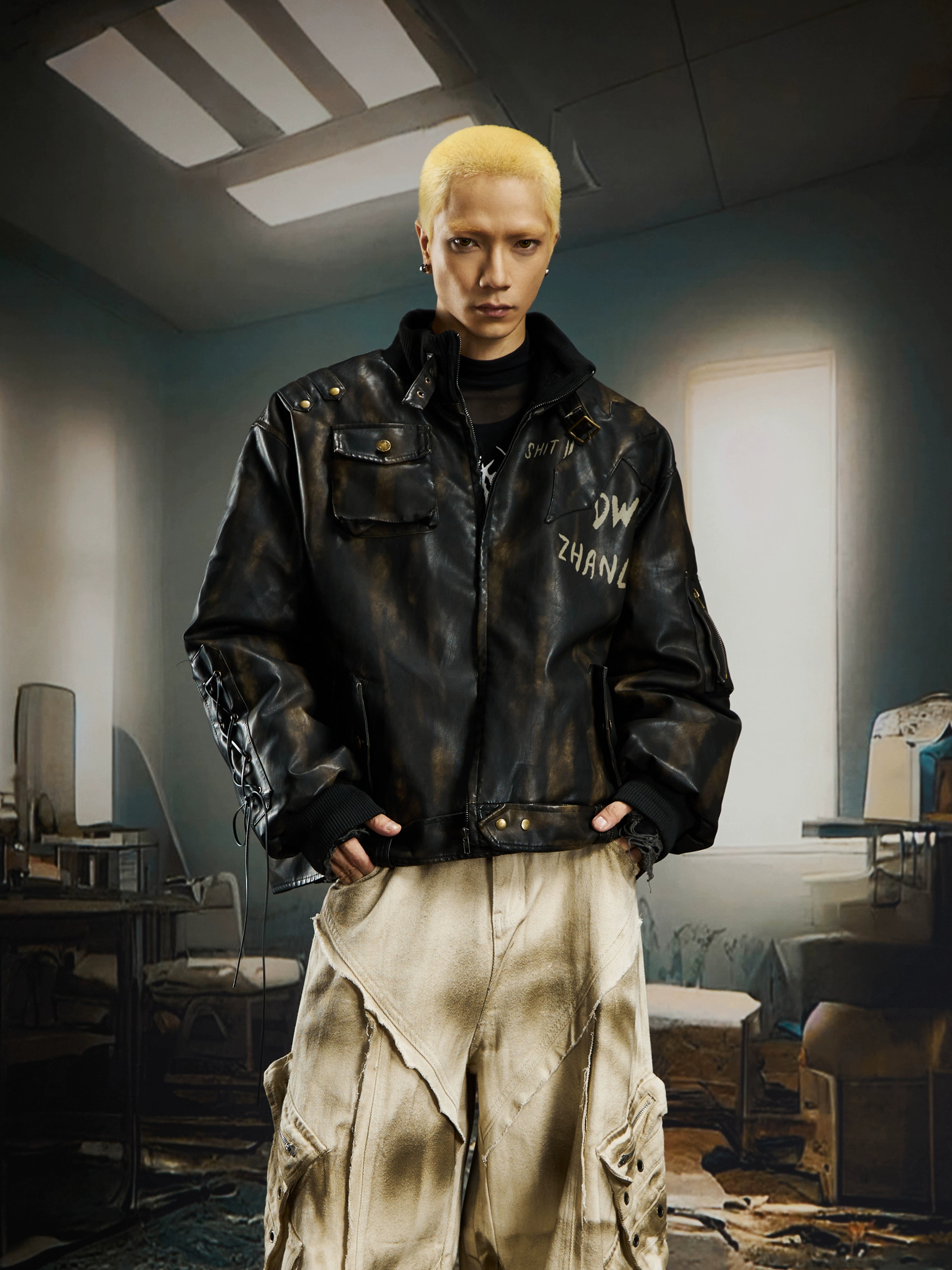 Heavy-Washed Vintage Quilted Moto Jacket