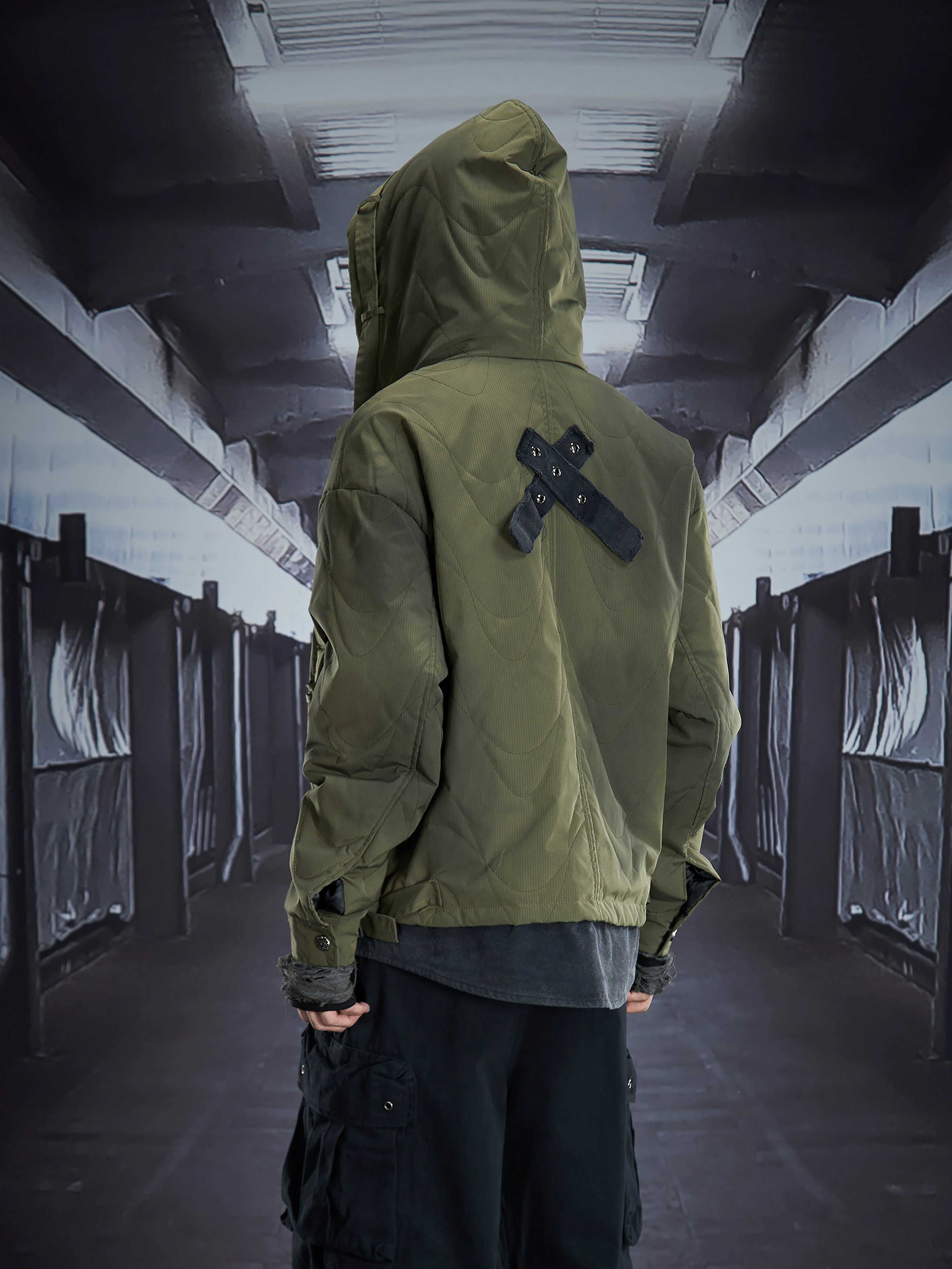 Heavyweight Faux-Layered Hooded Denim Patch Puffer