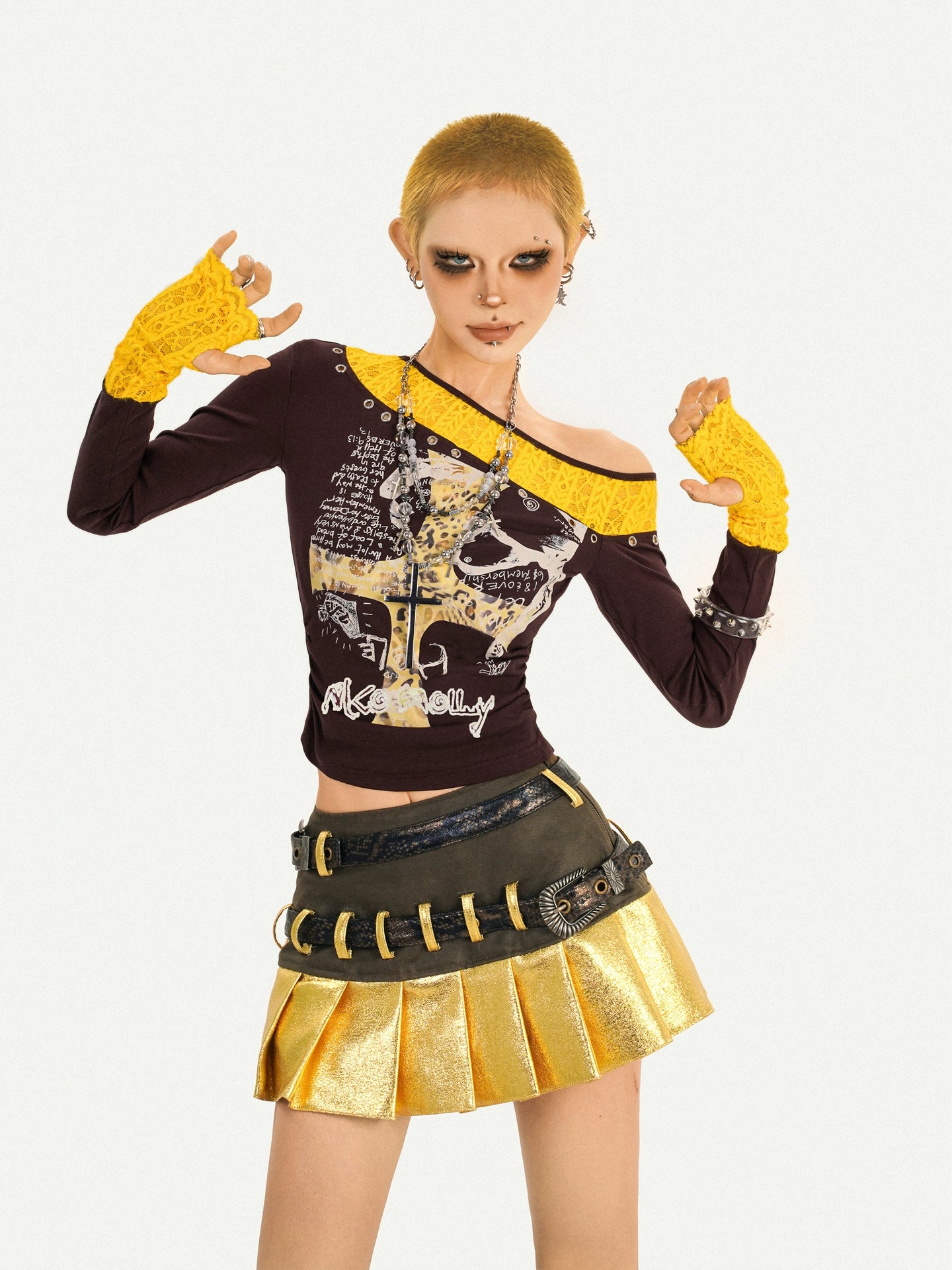 Vintage Lace Patchwork Long-Sleeve Y2K Slim Top Set