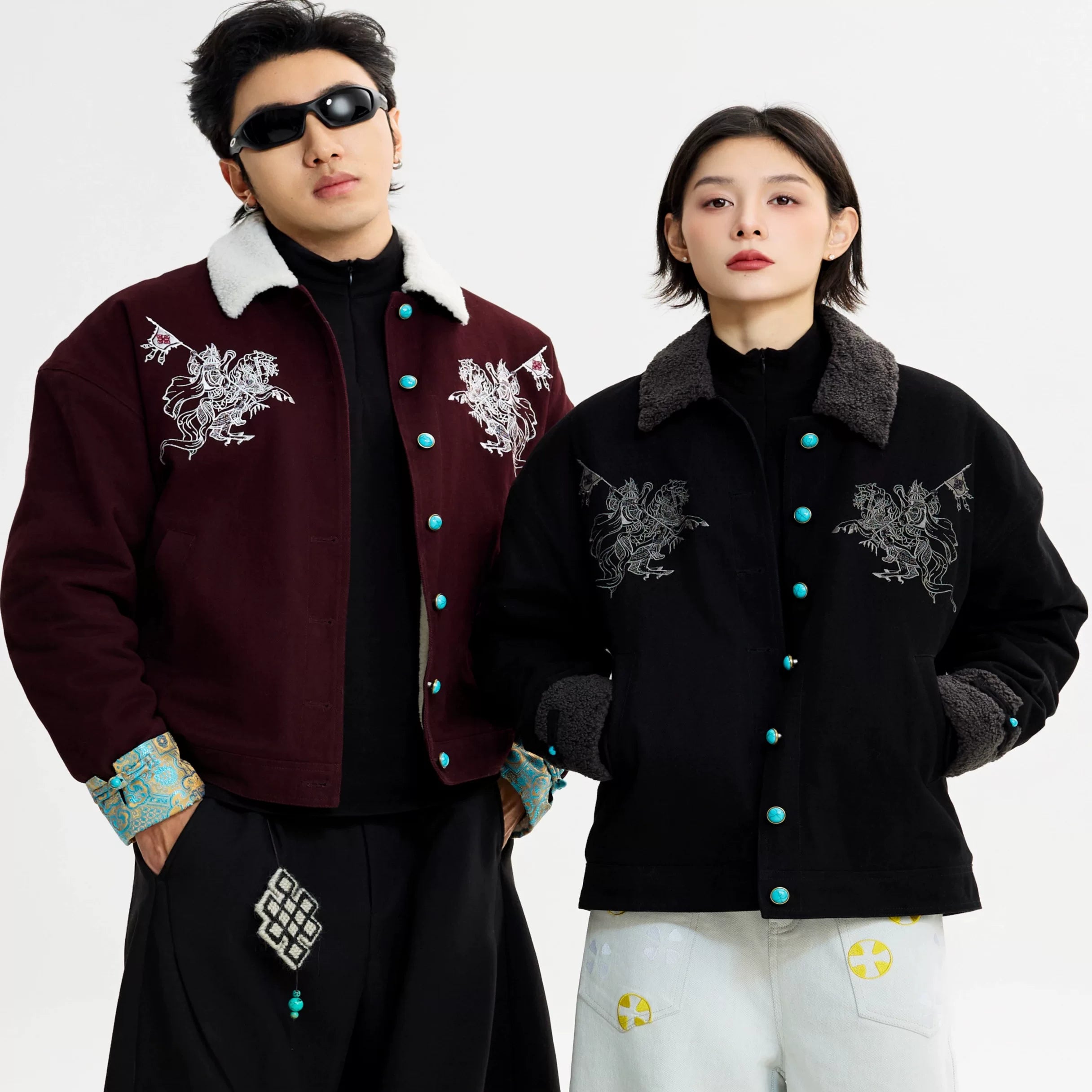 Sanhoostudio fleece-lined jacket designed for warmth and comfort. A unisex winter outerwear piece with relaxed streetwear style.