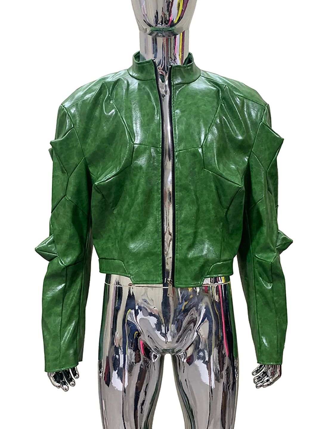 Sanhoostudio Green Glossy Deconstructed Cropped Leather Jacket