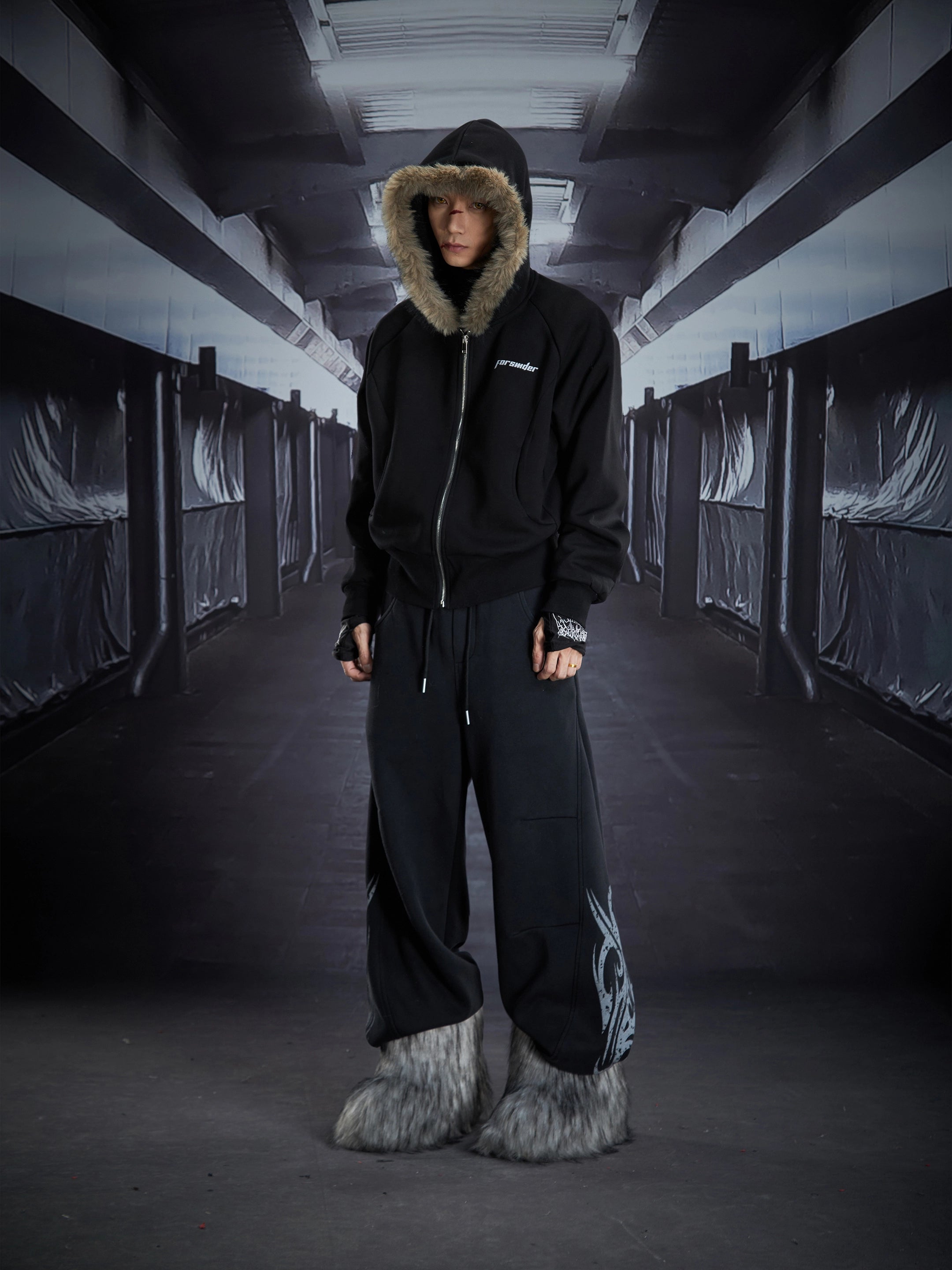 Fuzzy Hooded Deconstructed Layered Crop Hoodie