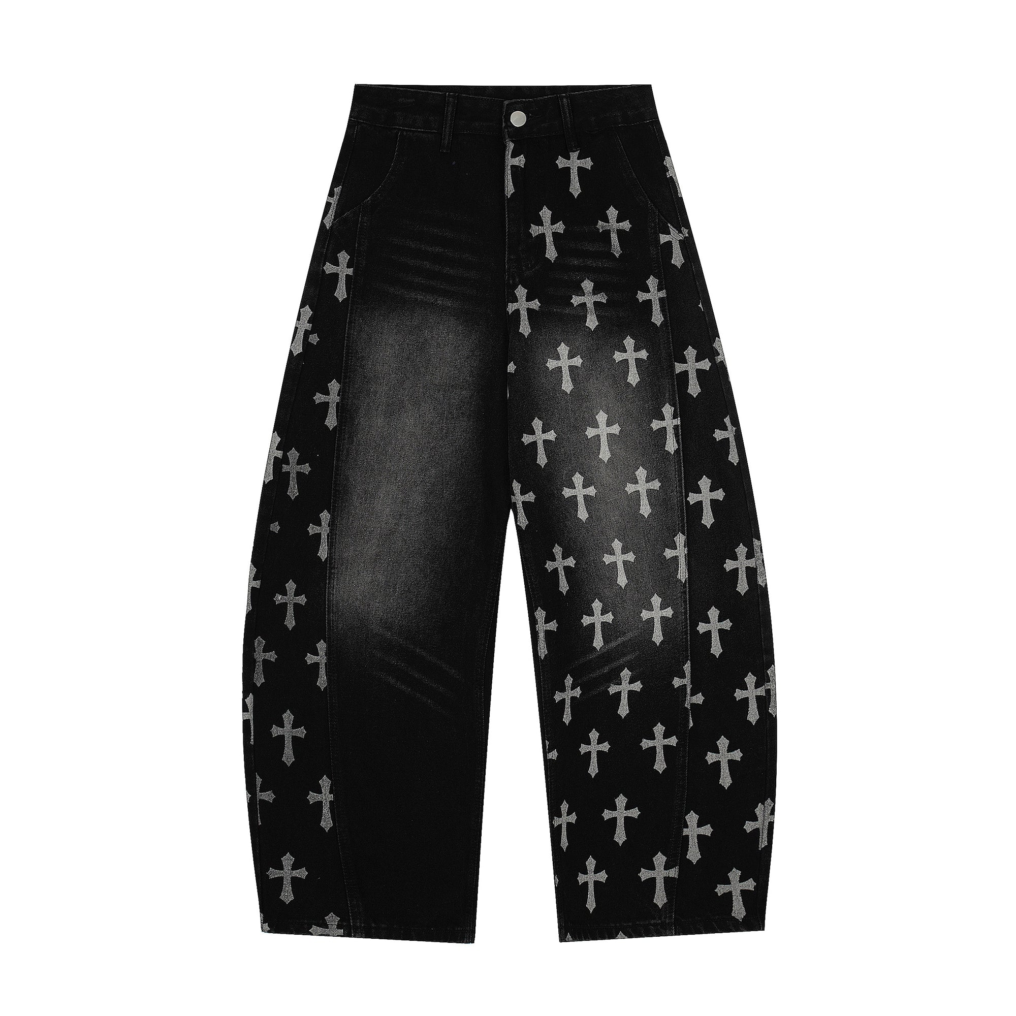 An icon of gothic rebellion — cross-printed denim with a relaxed wide-leg silhouette. Designed for high-street dreamers and underground believers by SanhooStudio.