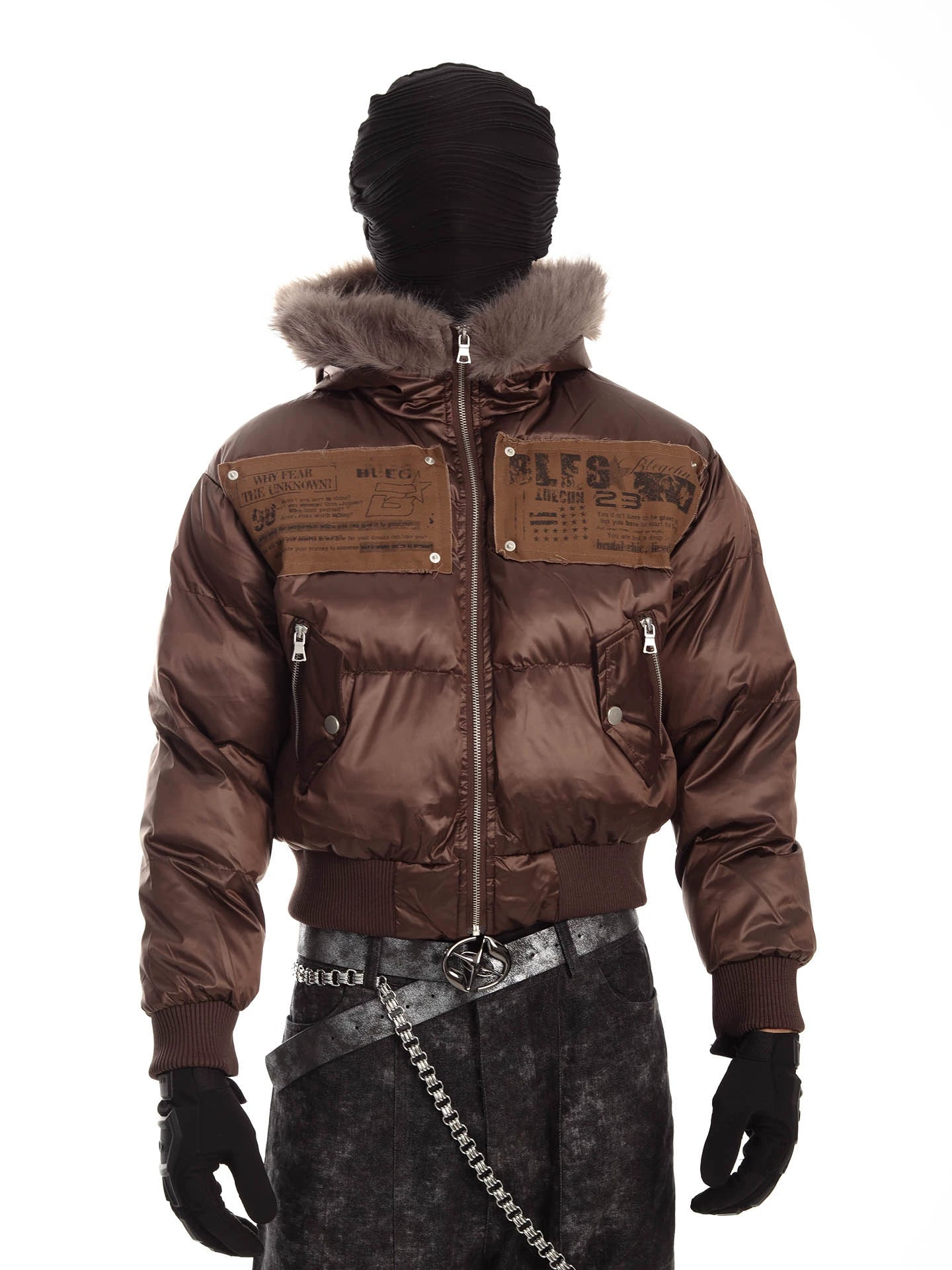 Patchwork Hooded Short Puffer Jacket with Faux Fur Collar