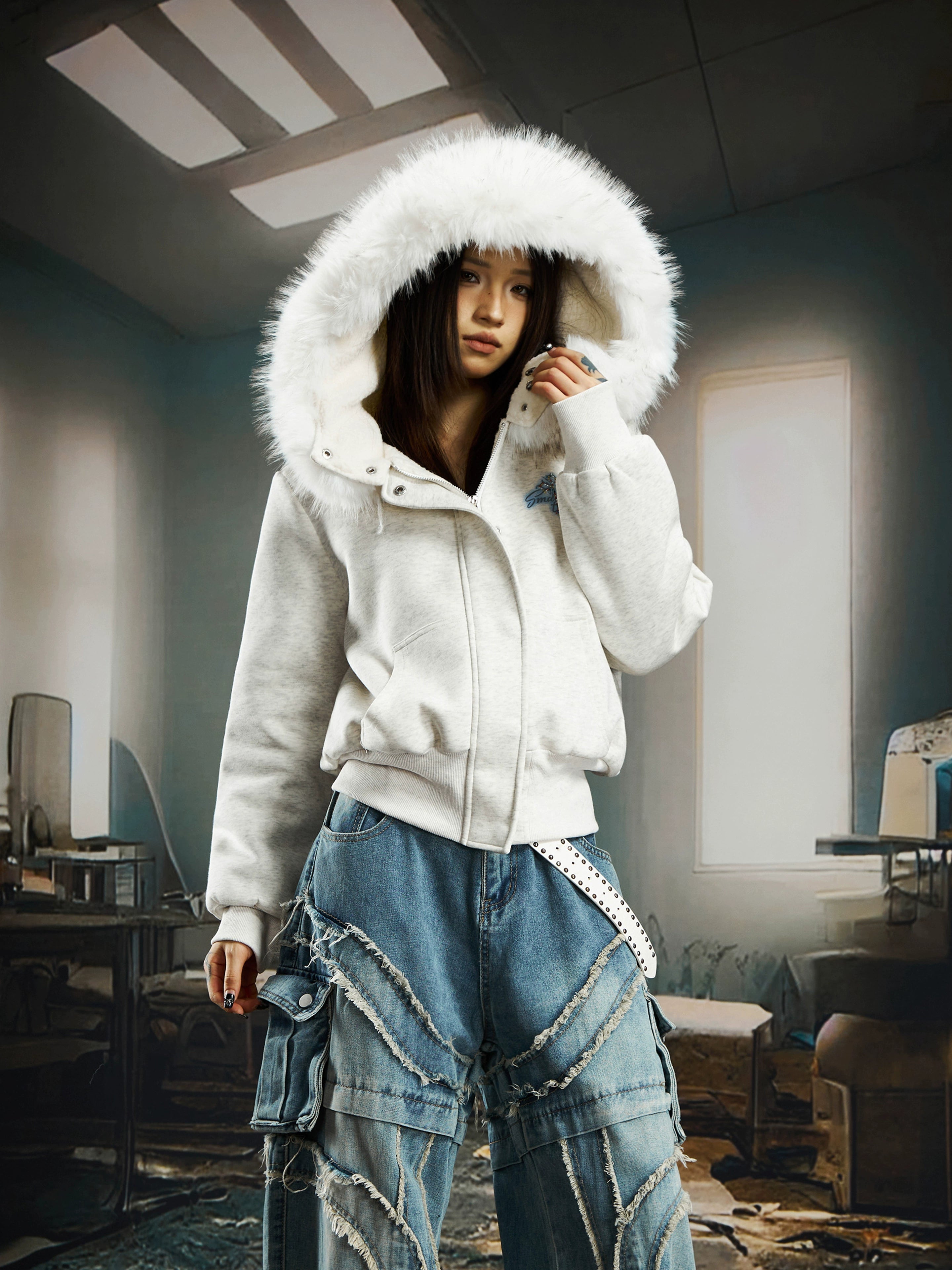 Fuzzy Fleece Short Hooded Hoodie with Plush Lining