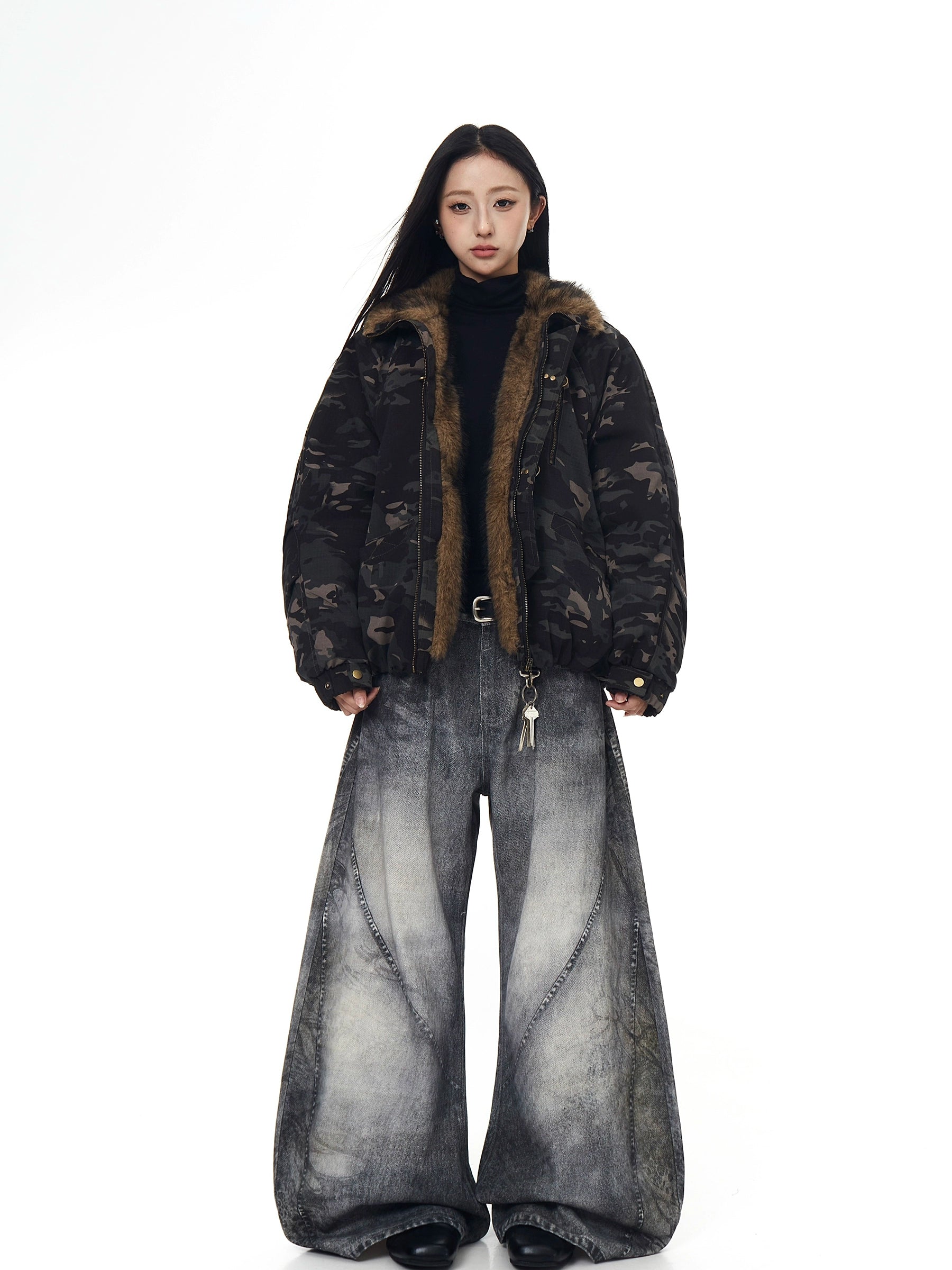 Camouflage Hawk Fur-Collar Buckle Puffer Jacket