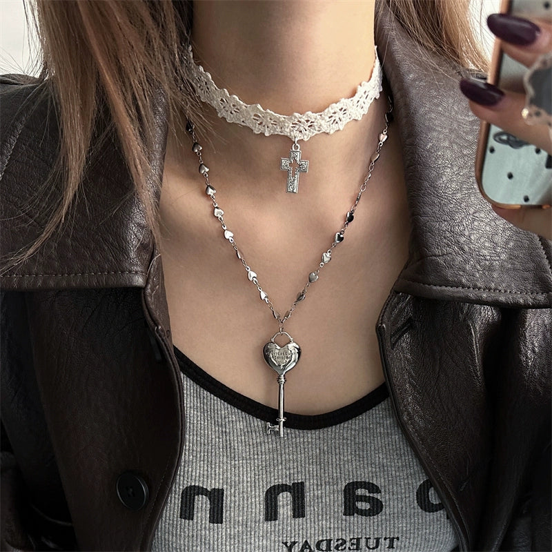 White Lace Cross Key Layered Choker Necklace