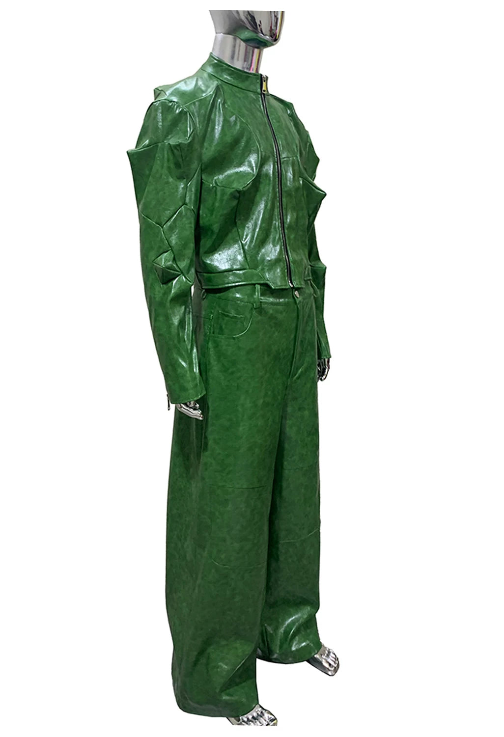 Sanhoostudio Green Glossy Deconstructed Cropped Leather Jacket