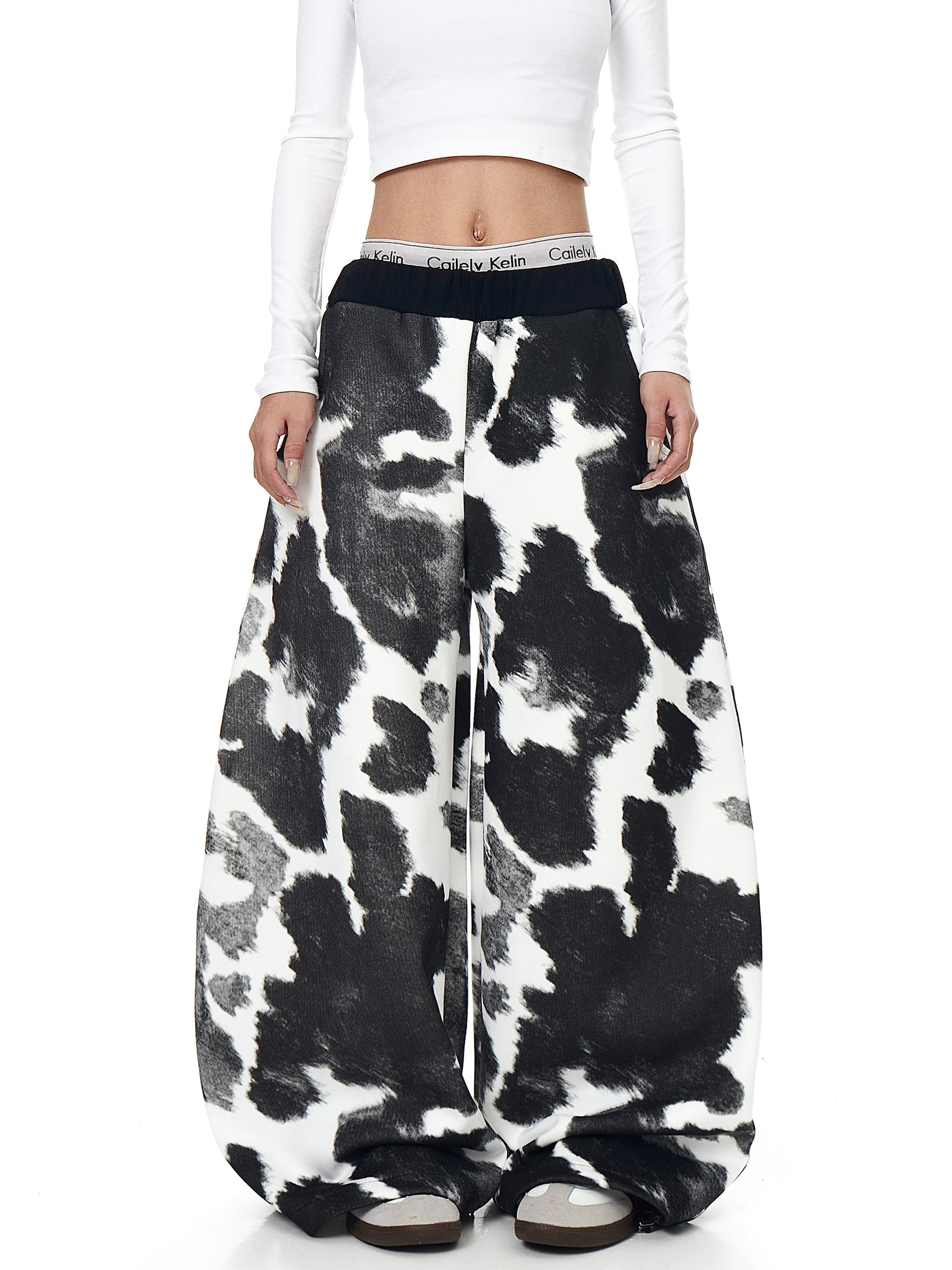 Cow Print Curved-Leg Sweatpants