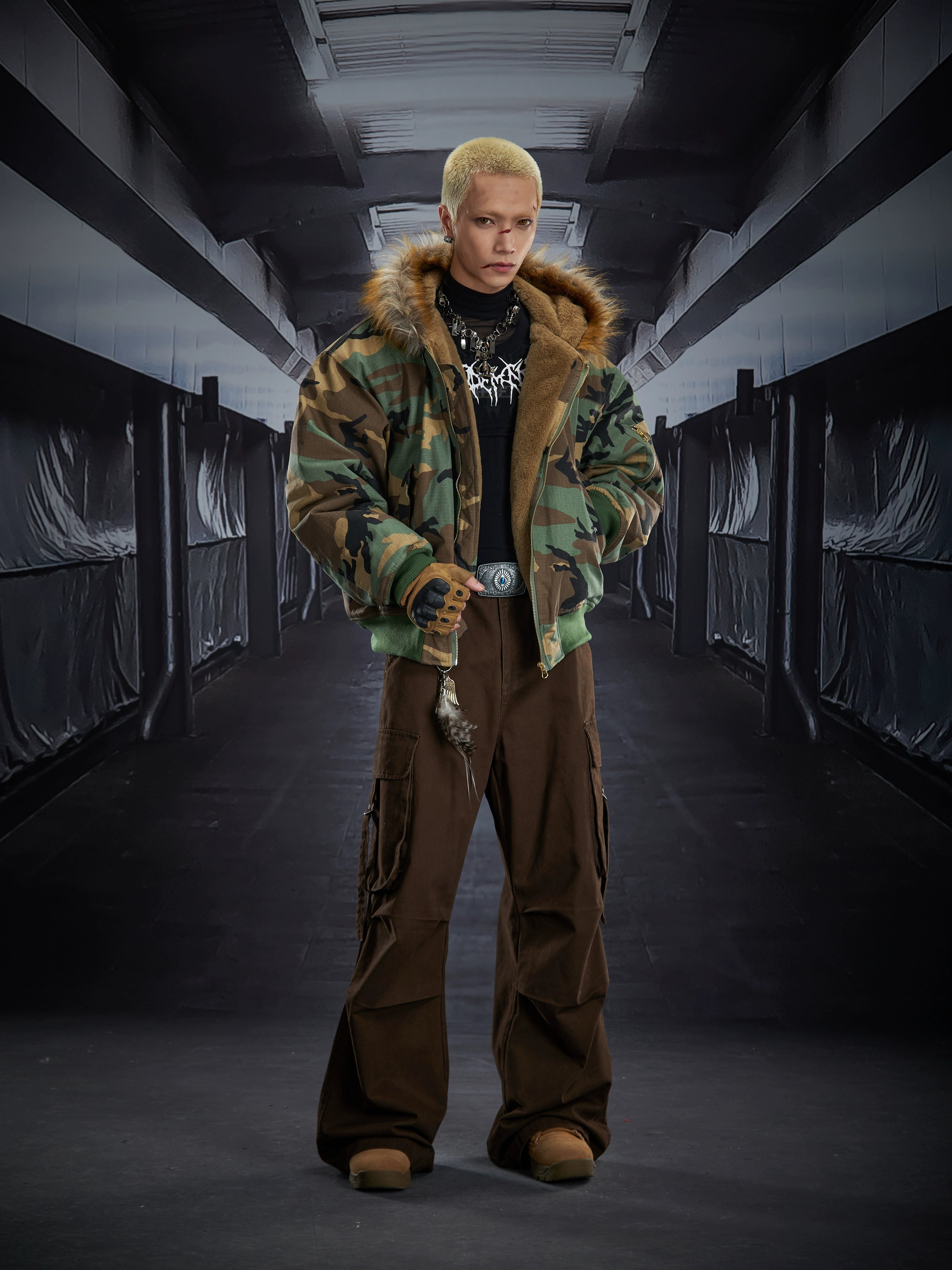 Fuzzy Hooded Camouflage Fleece-Lined Puffer Jacket