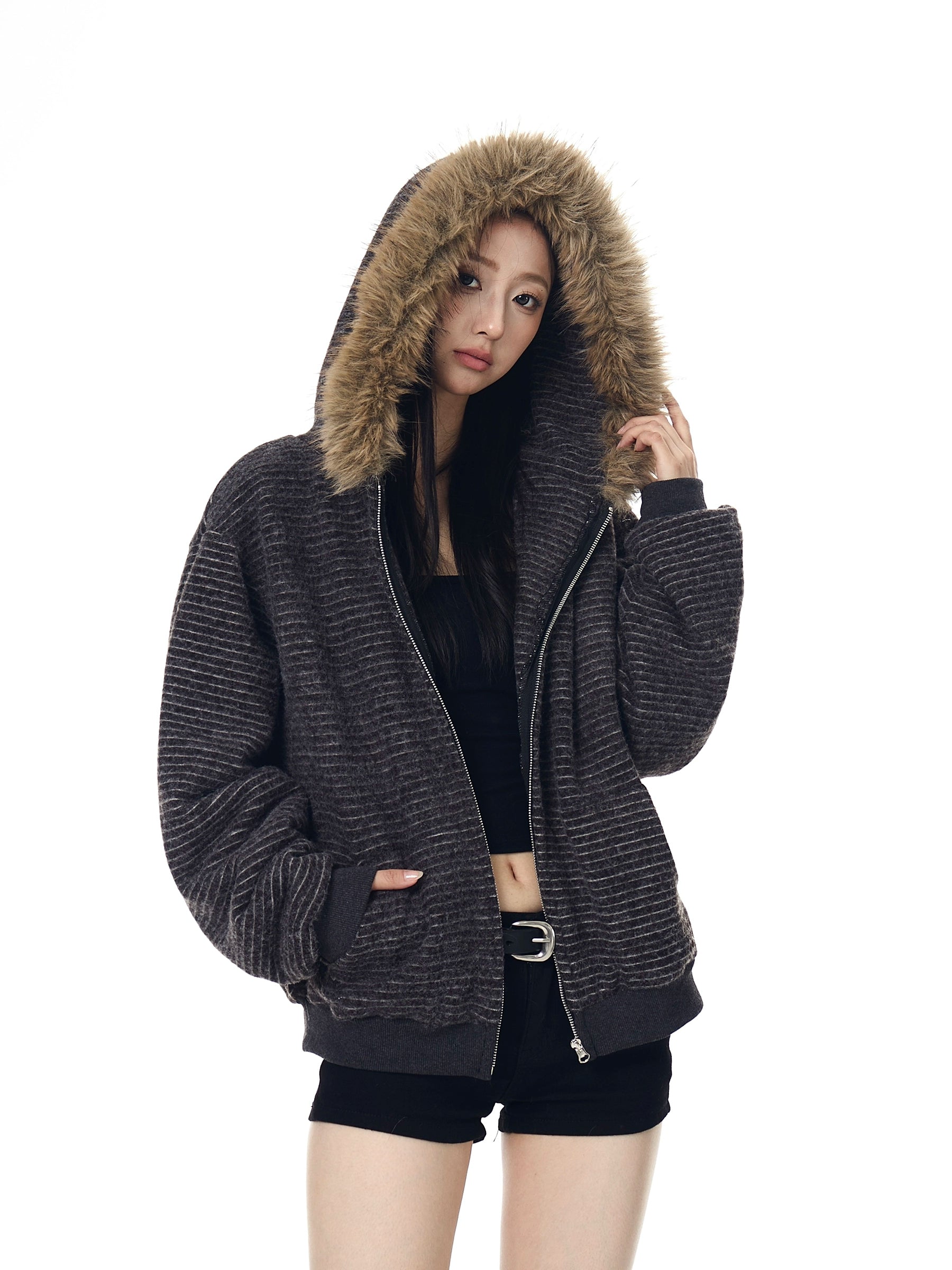 Striped Fur-Hood Fleece-Lined Cozy Zip Hoodie