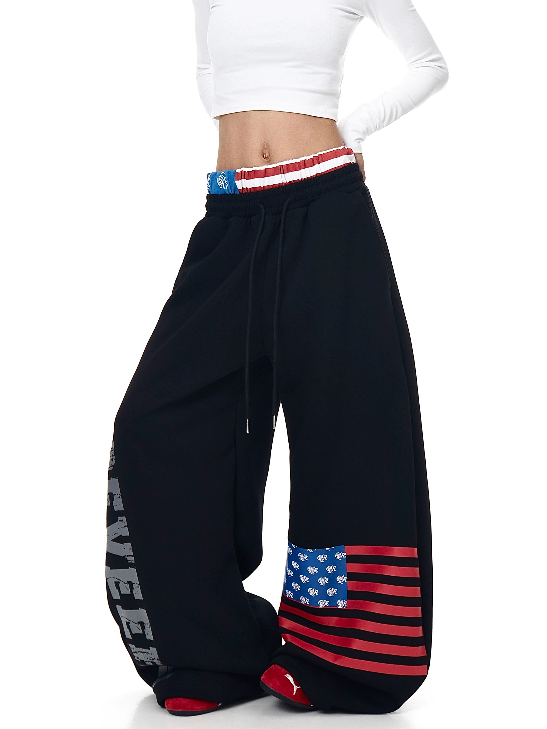 American Flag Print Wide-Leg Sweatpants
