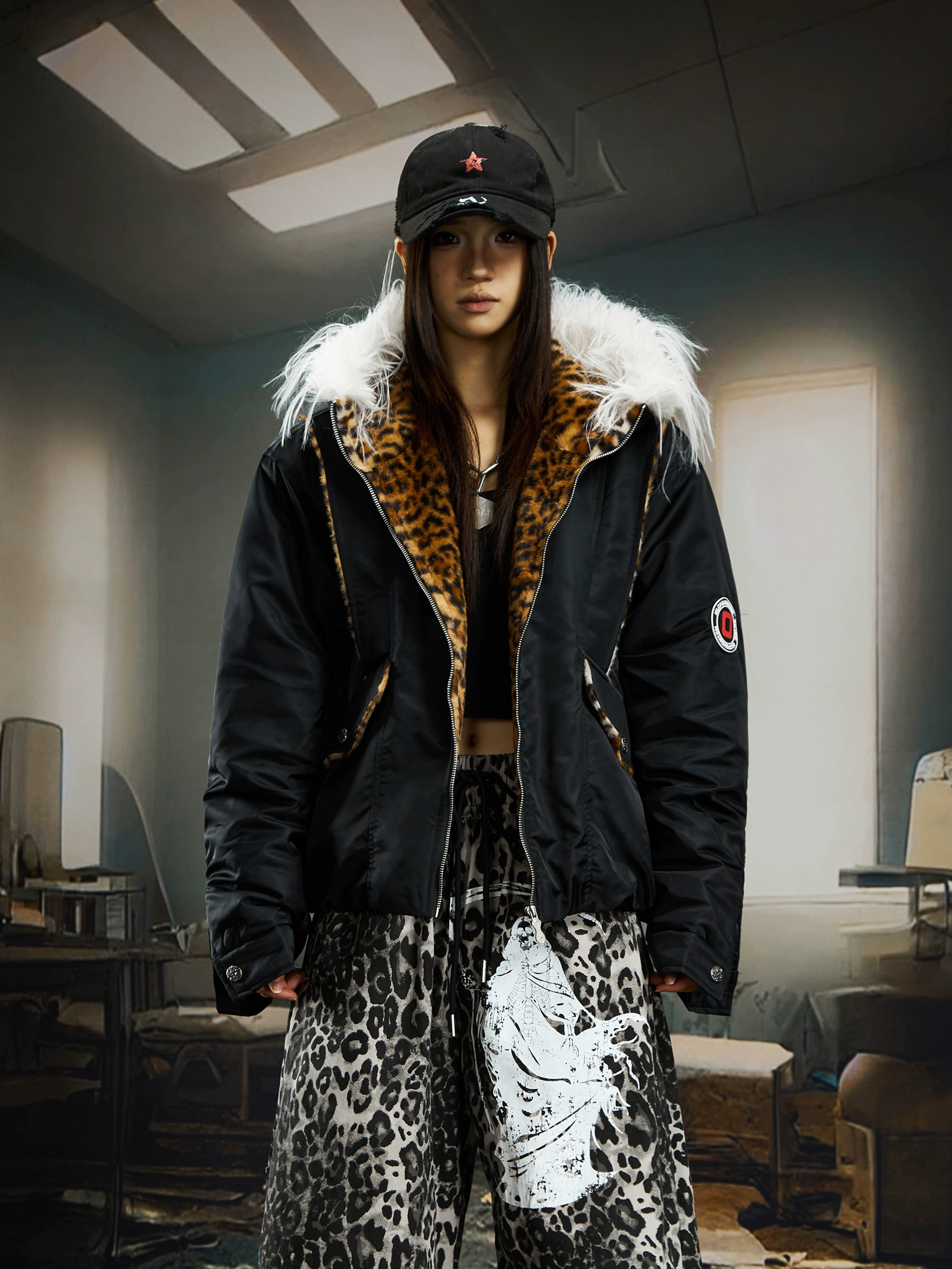 Leopard Patchwork Long-Fur Hooded Puffer Jacket