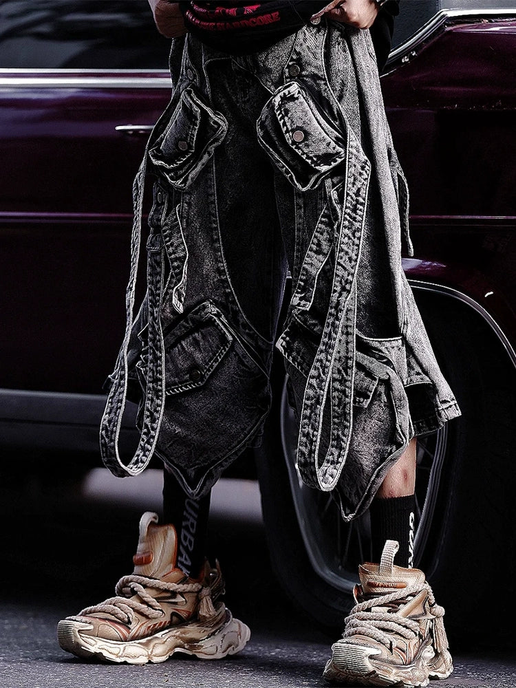 Washed Patchwork Denim Shorts & Overalls