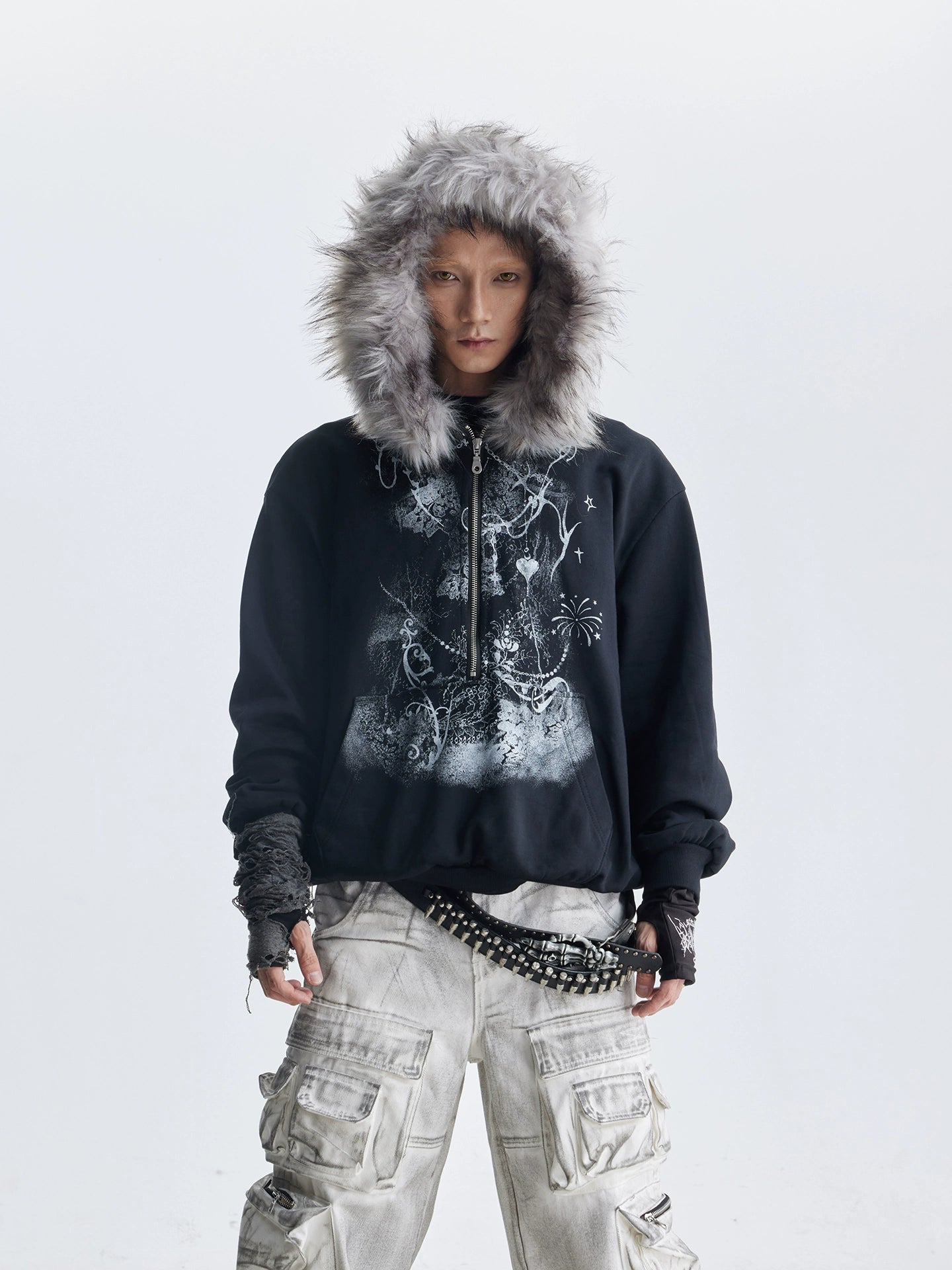 Y2K Furry Half-Zip Hoodie with Printed Details