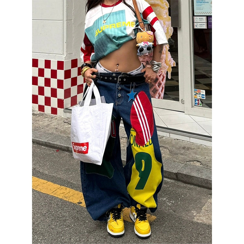 【25s Sep.】Vintage Colorblock Printed Wide-Leg Denim Pants