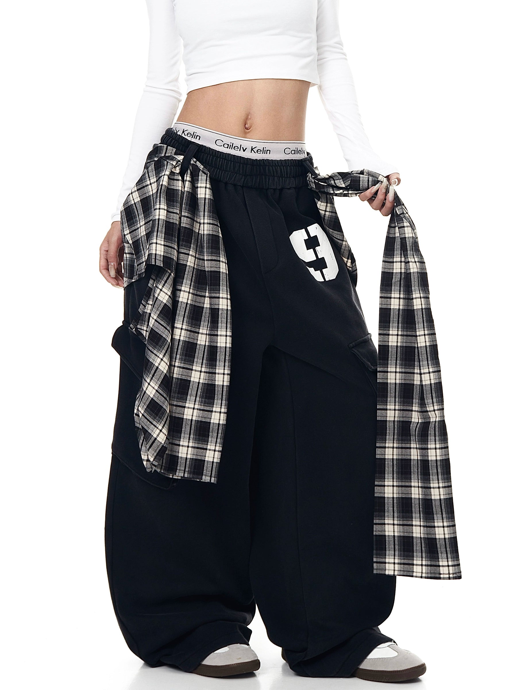 Plaid Overlay Straight-Leg Cargo Sweatpants