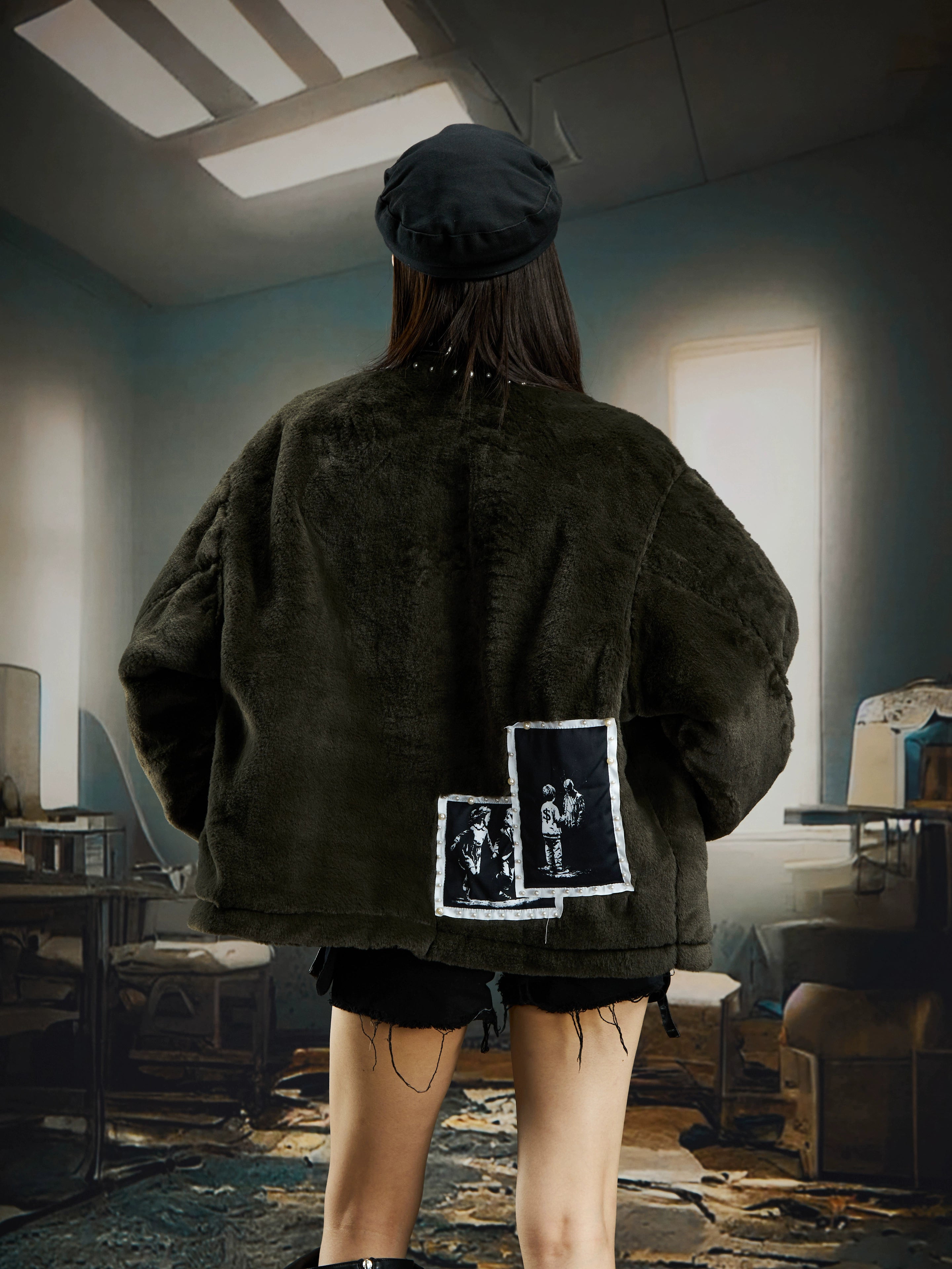 Plush Beaded Comic Patch Collarless Padded Short Jacket