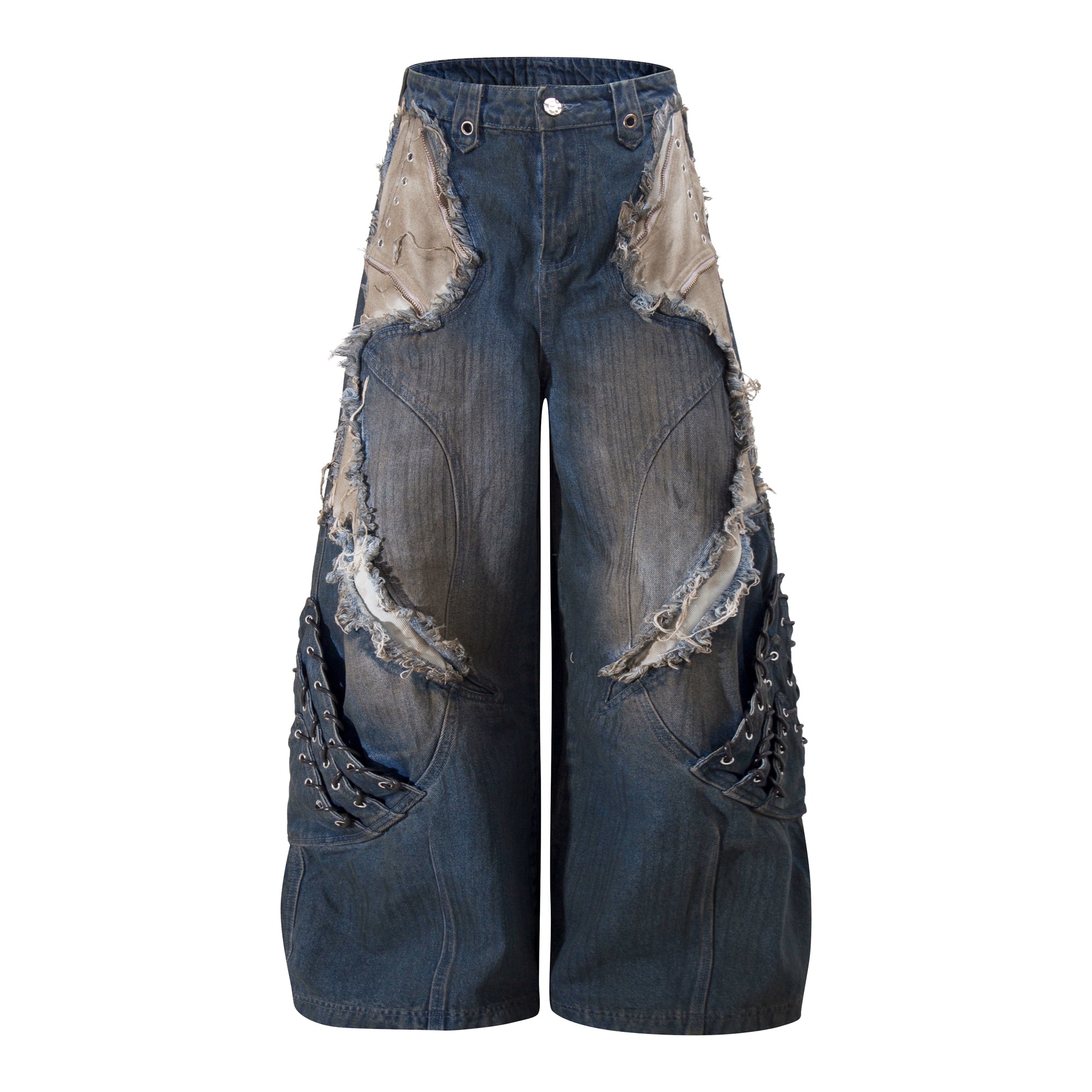 Heavy Washed Patchwork Distressed Deconstructed Wide-Leg Denim Pants