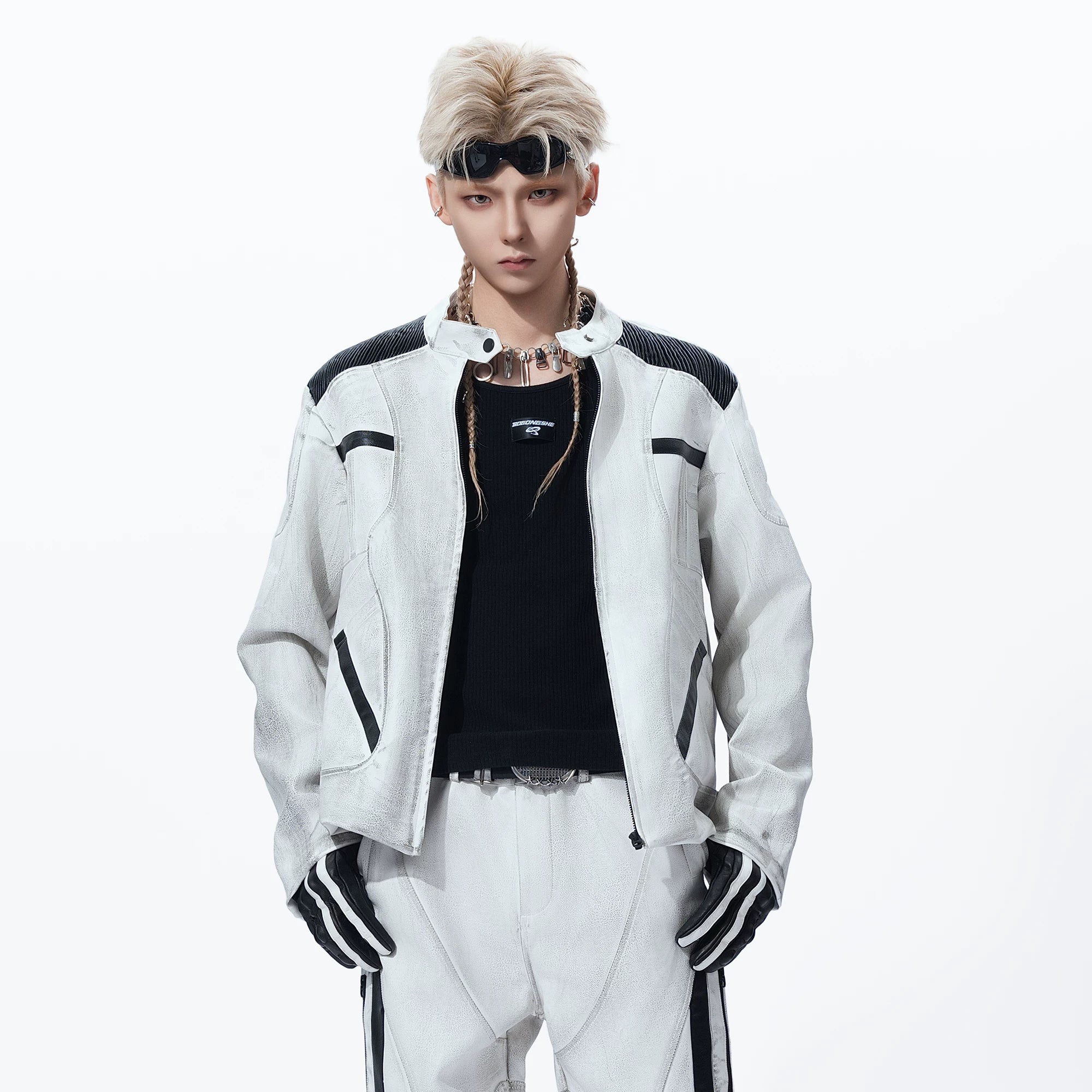 Sanhoostudio leather jacket featuring distressed finish and relaxed fit for bold streetwear styling.