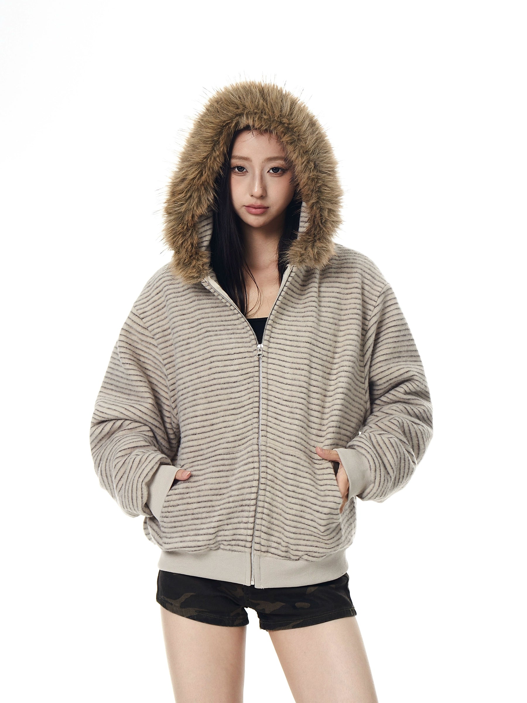 Striped Fur-Trim Fleece Zip Hoodie Jacket