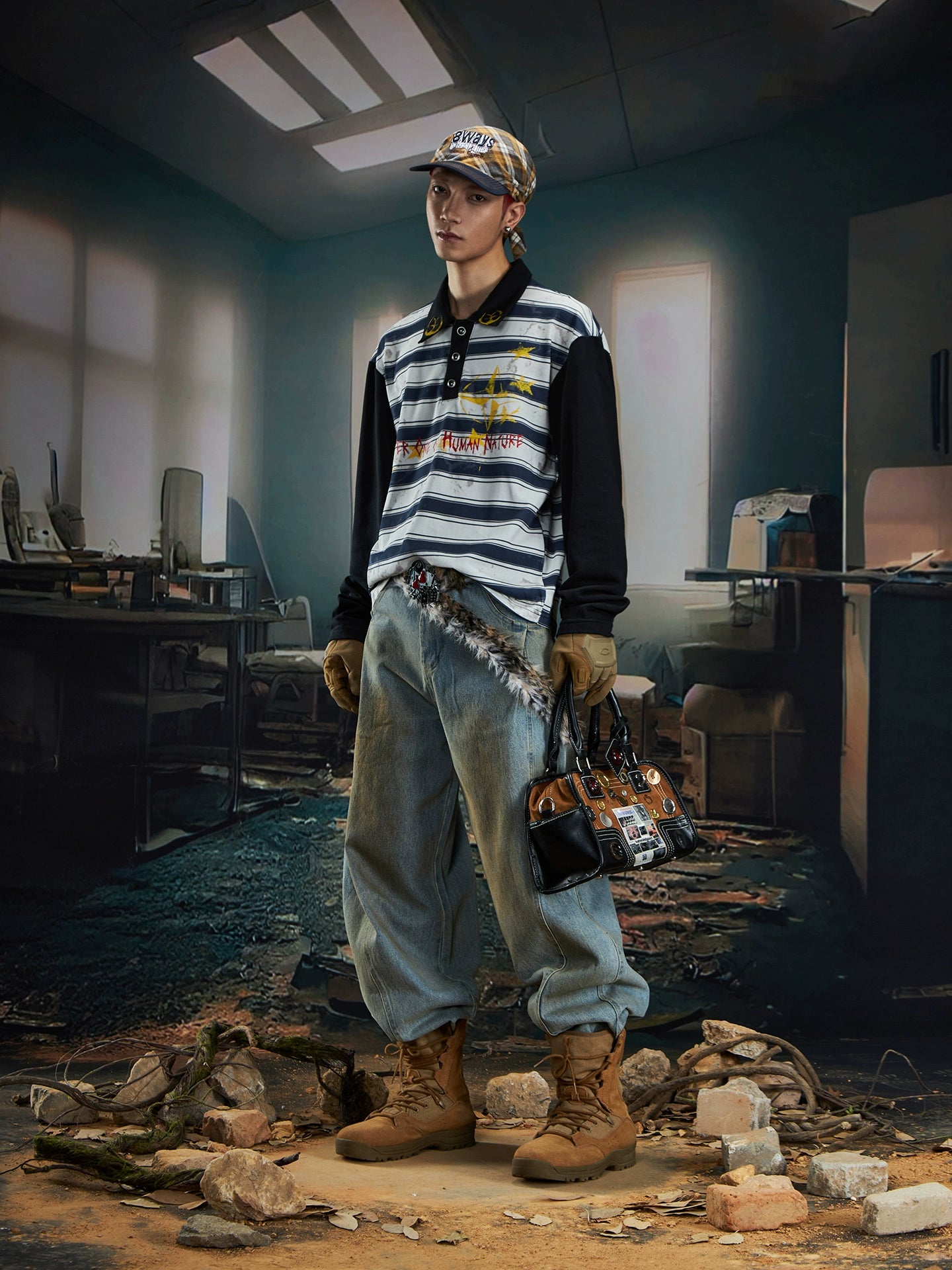 Layered Distressed Stripe Polo Shirt with Graphic Print