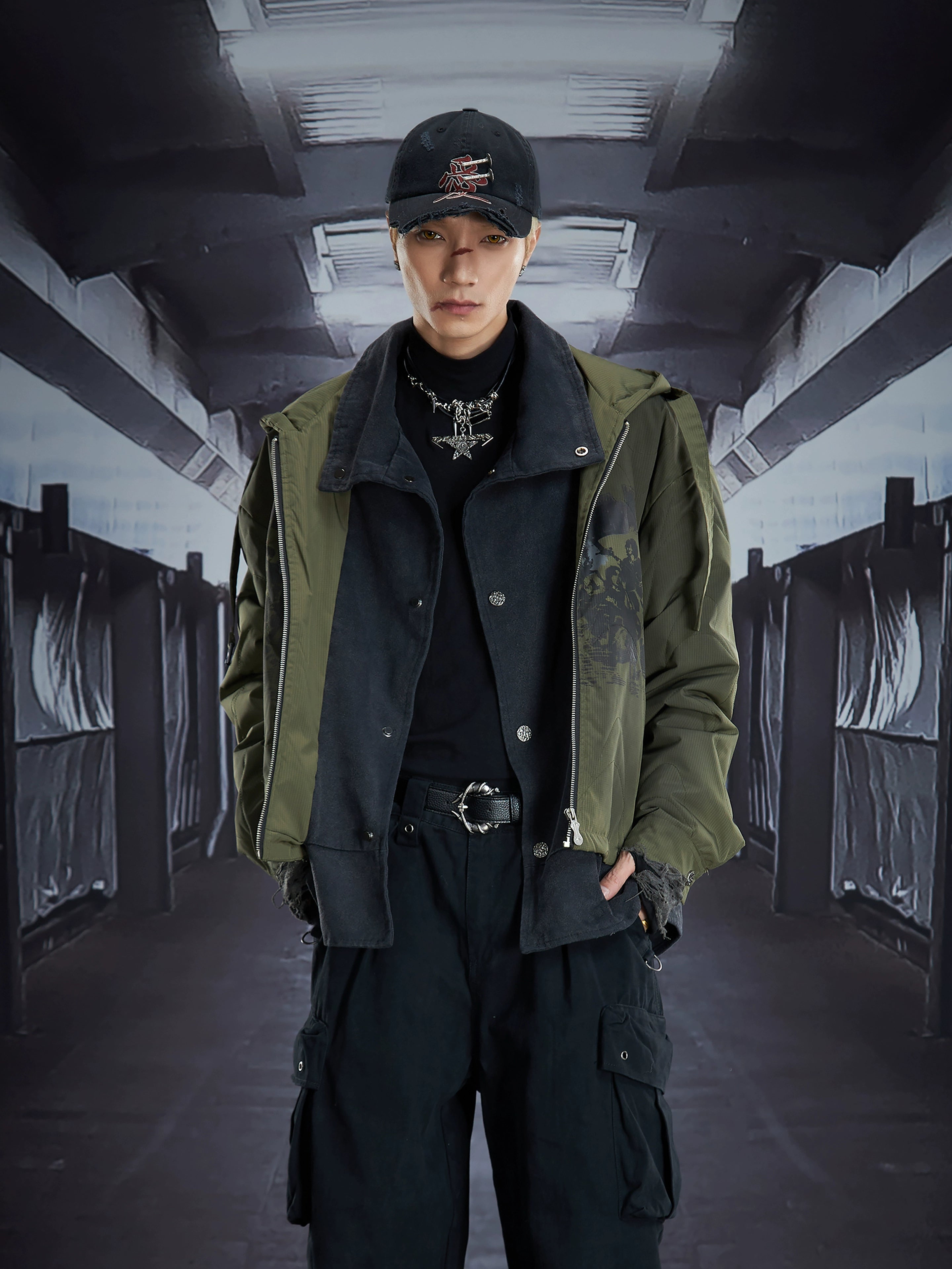 Heavyweight Faux-Layered Hooded Denim Patch Puffer