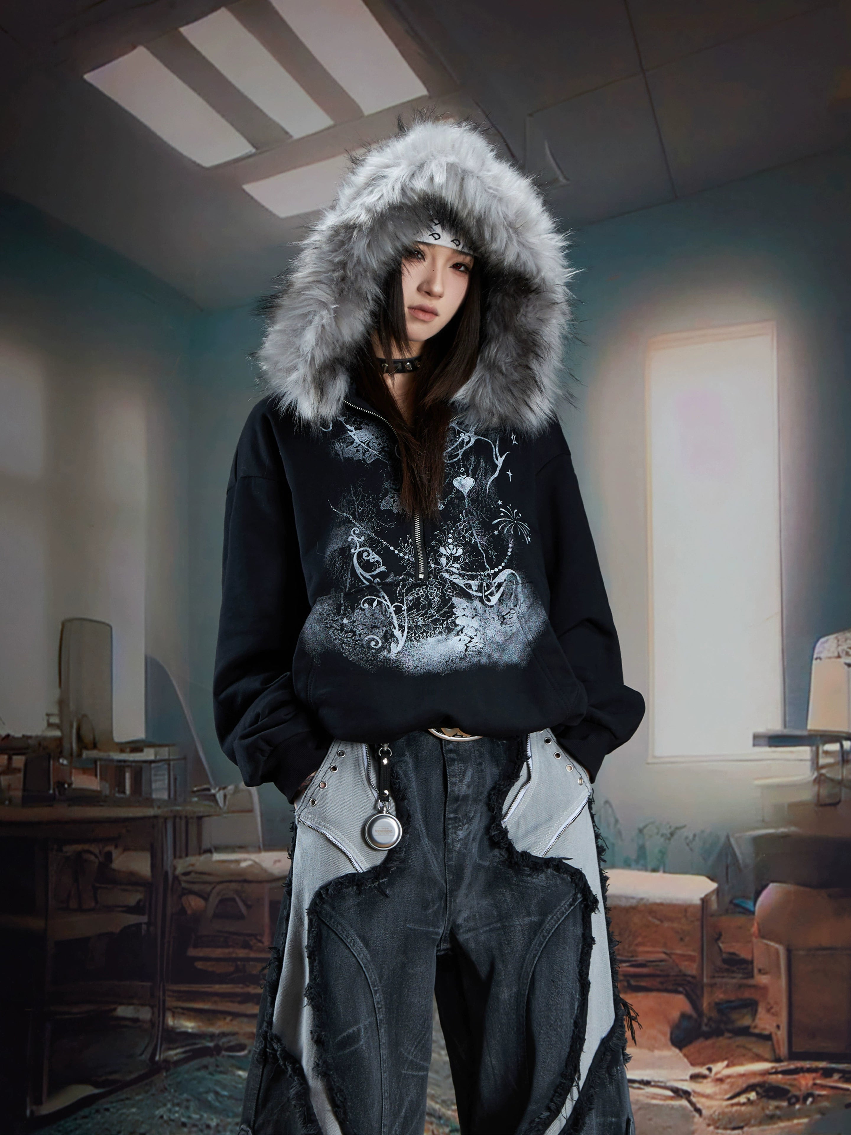 Y2K Furry Half-Zip Hoodie with Printed Details