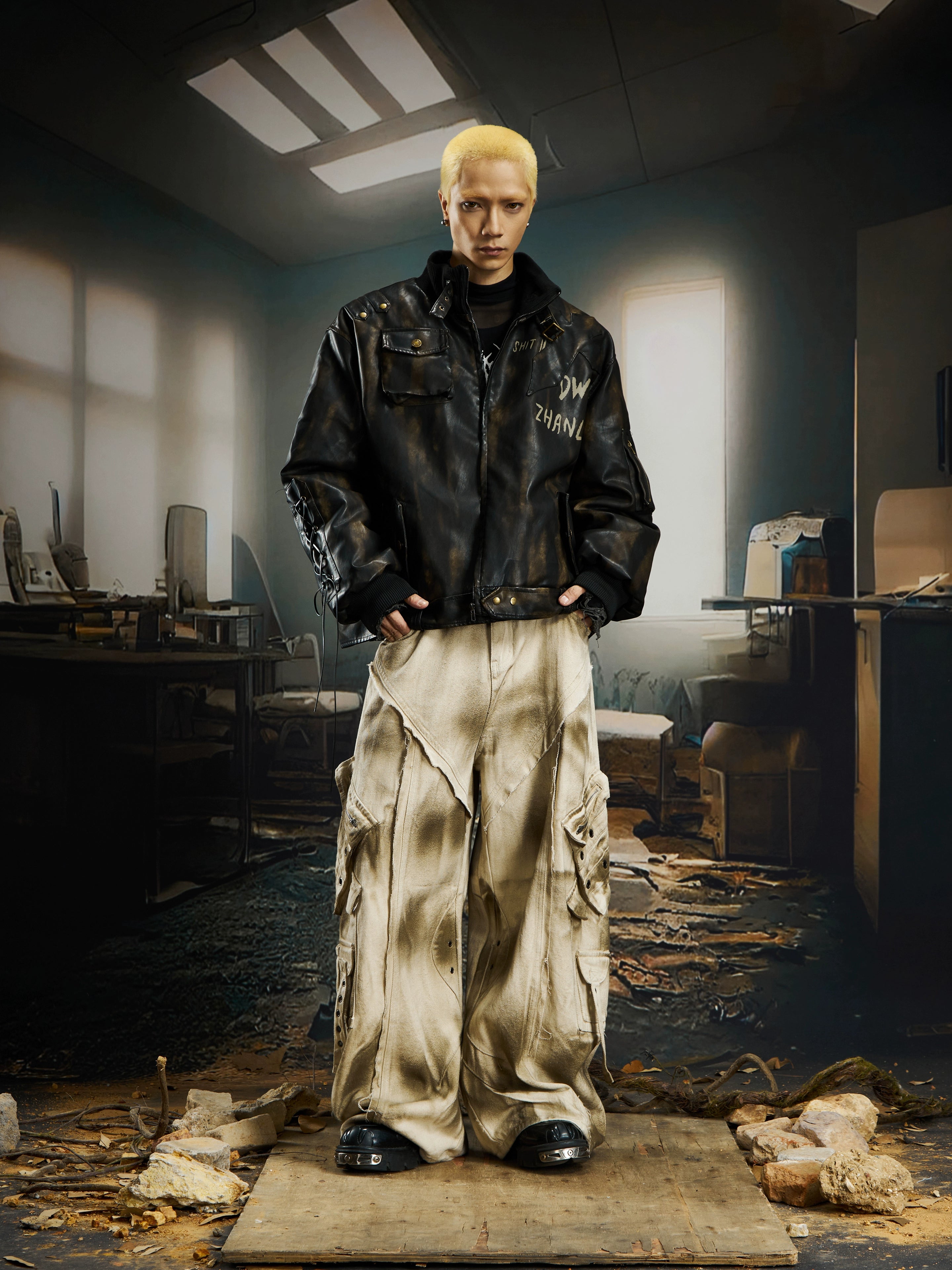 Heavy-Washed Vintage Quilted Moto Jacket