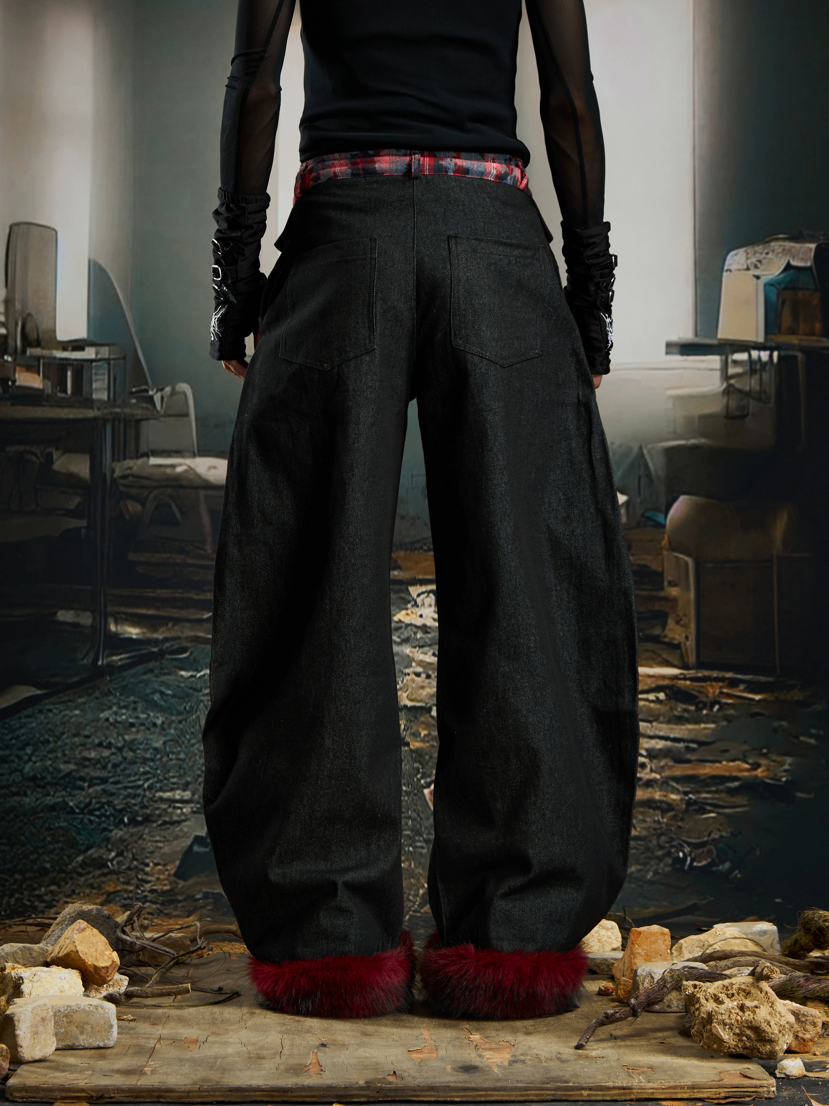 Y2K Plaid Patch Furry Detachable Hem Blade-Cut Jeans