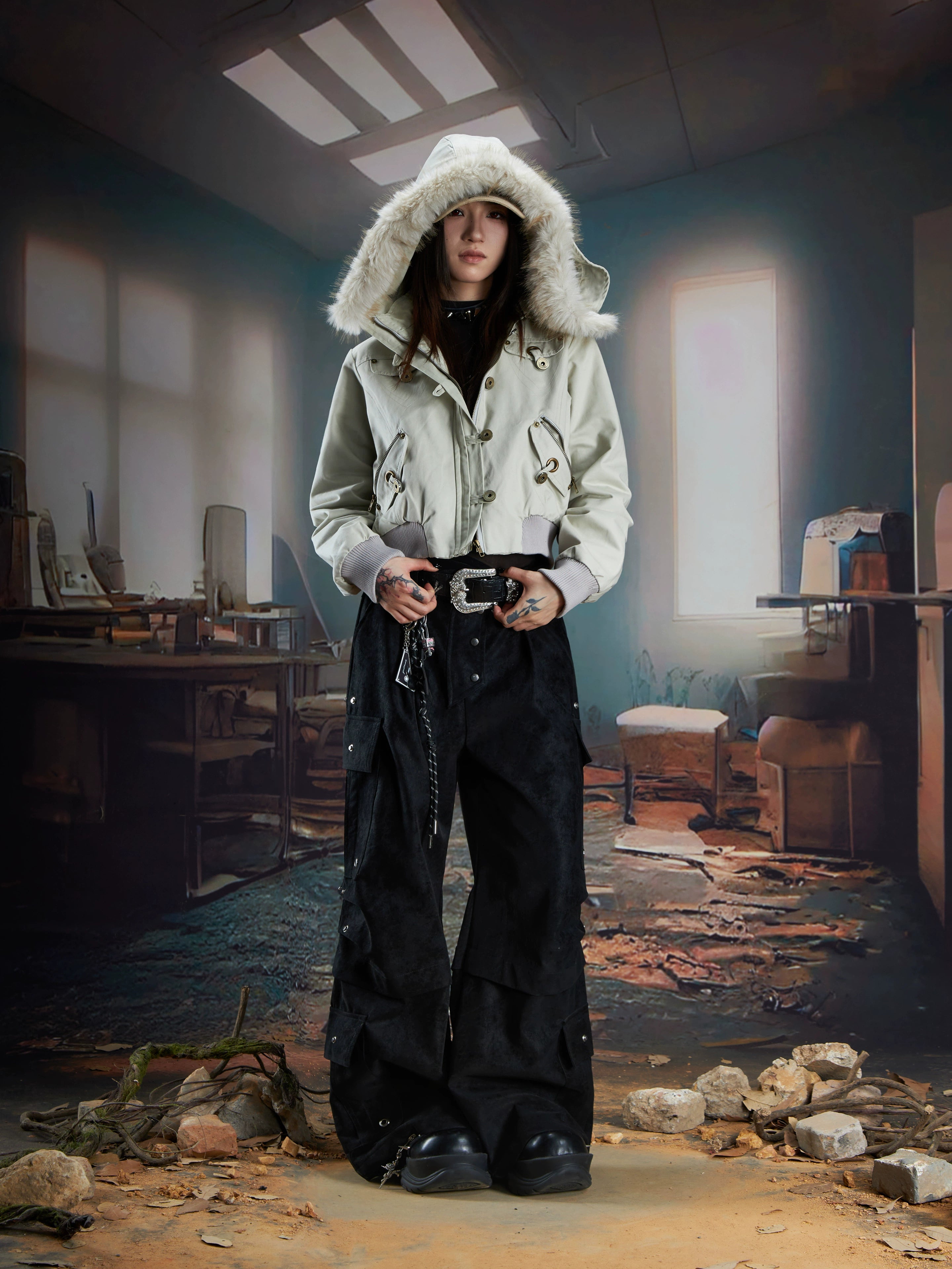 Matte Leather Multi-Pocket Studded Straight Pants