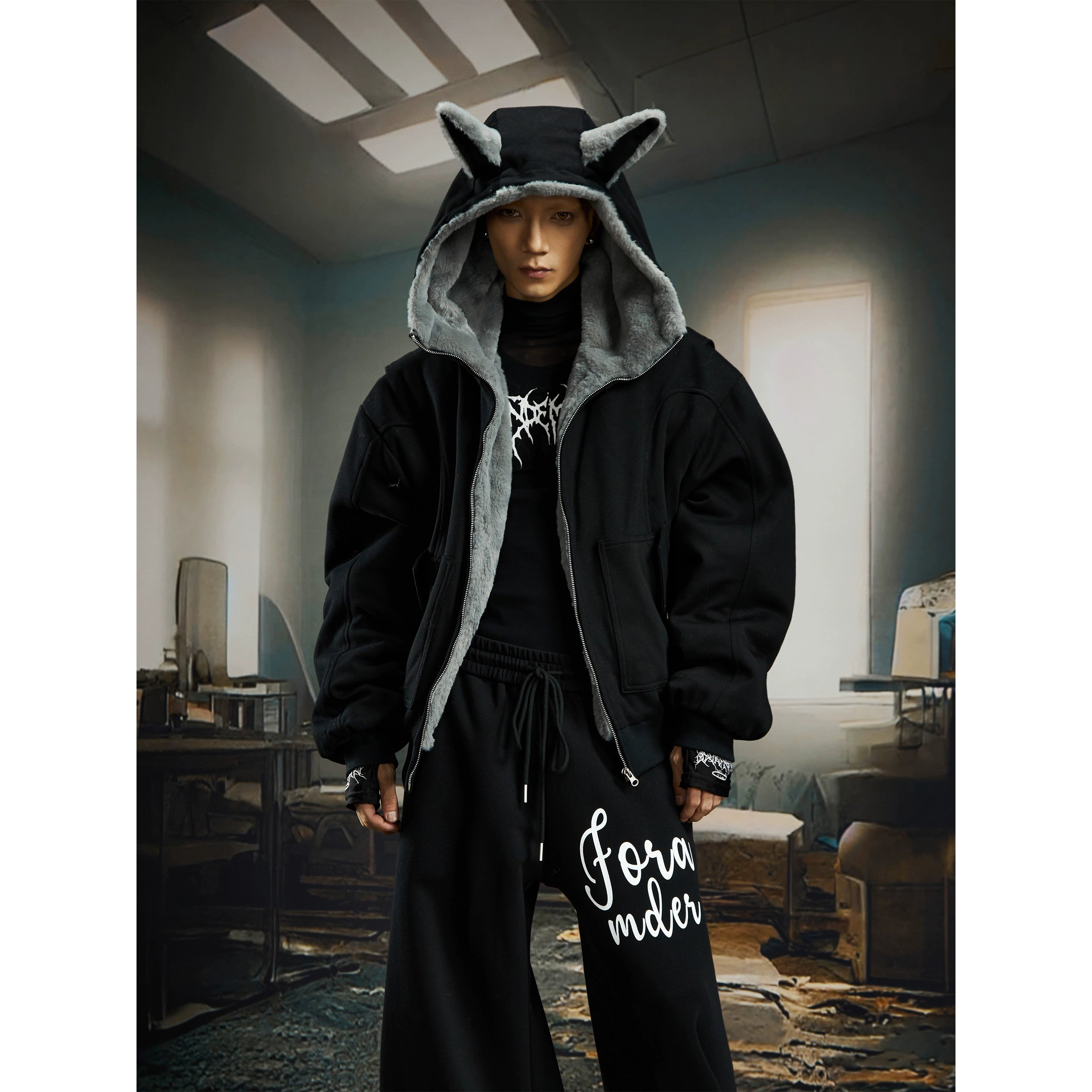 Vintage Bunny-Ear Hooded Sweatshirt Puffer Jacket