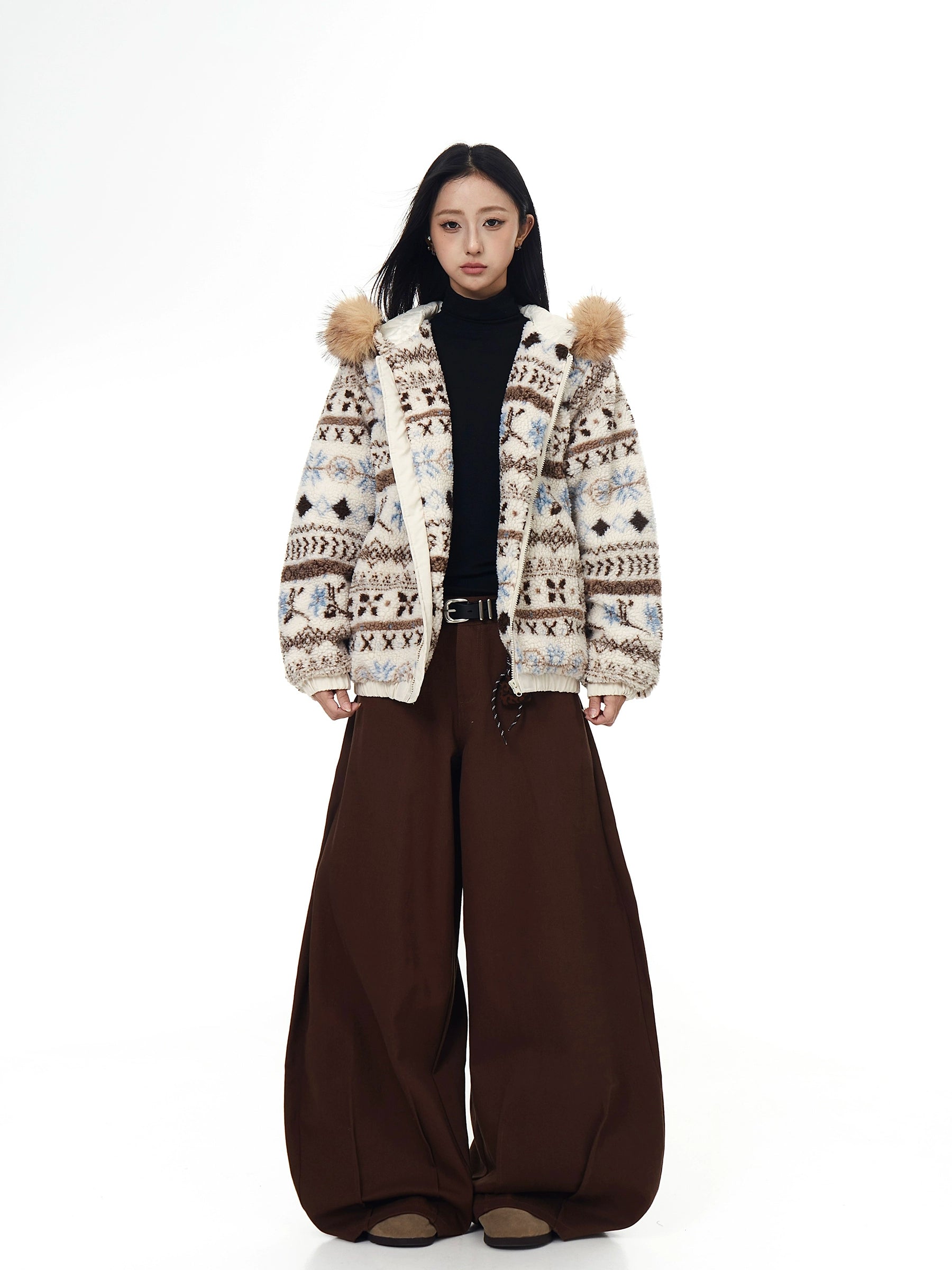 Fair Isle Fur-Hood Sherpa Thick Winter Jacket
