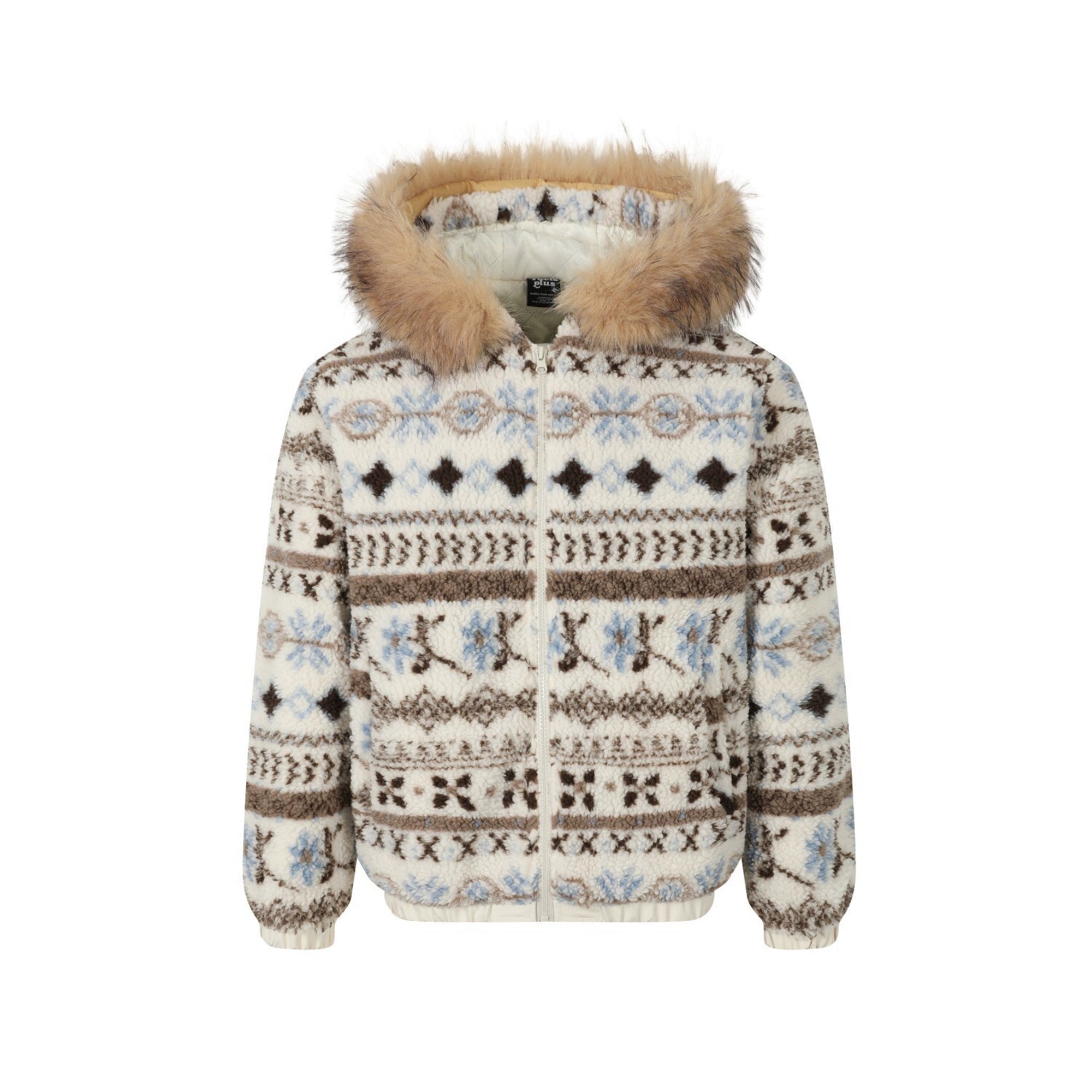 Fair Isle Fur-Hood Sherpa Thick Winter Jacket